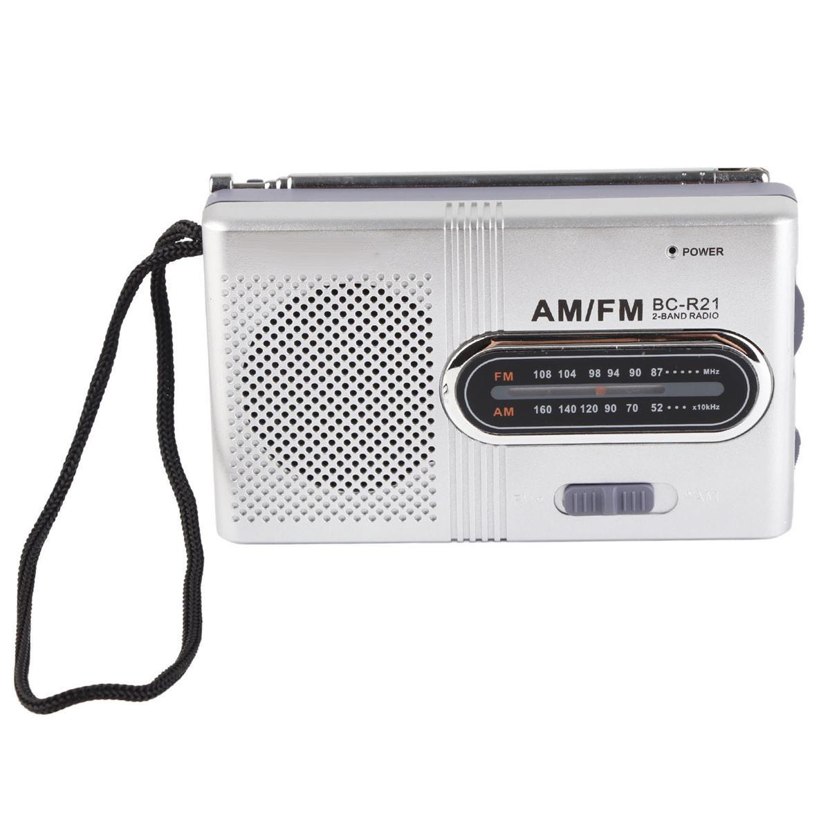 Silbernes AM/FM-Radio mit schwarzem Riemen, Zifferblatt und Lautsprecher.