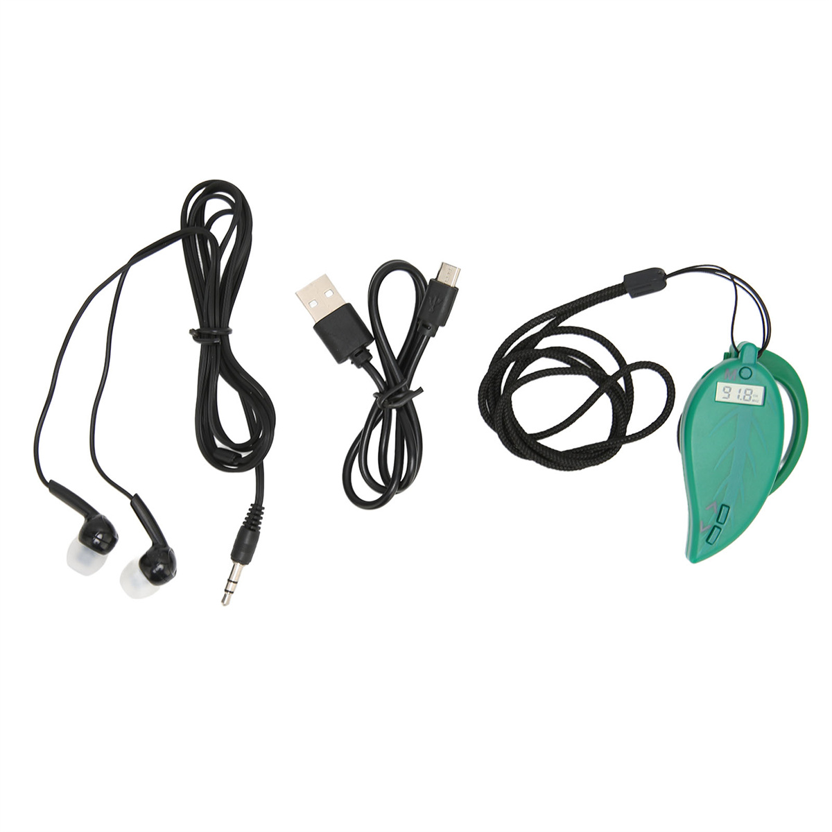 Ein blattförmiges Gerät mit Bildschirm und Kopfhörer mit Kabeln und einem USB-Kabel.