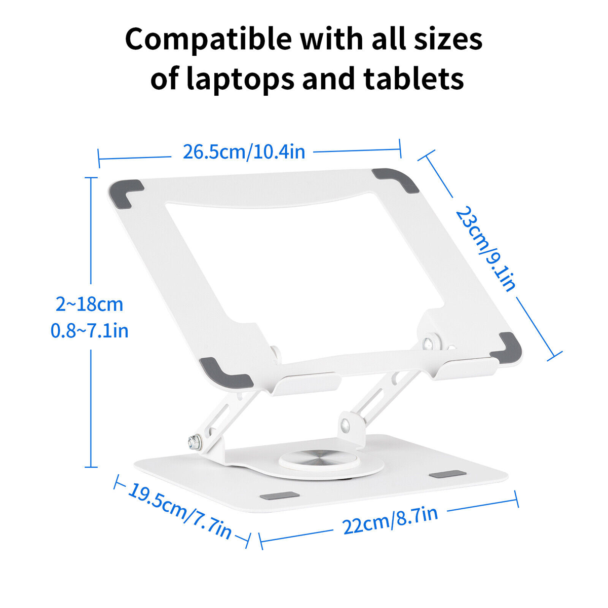 Weißer Laptop-Ständer mit angezeigten Abmessungen. Er ist verstellbar und hat graue Akzente.