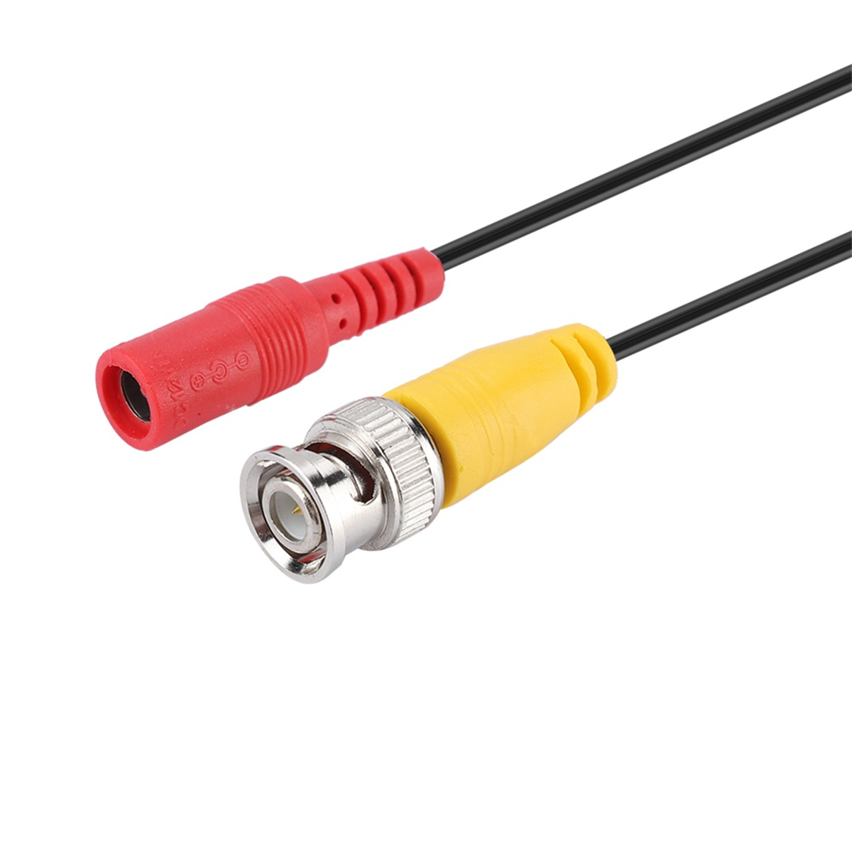 Ein rotes und gelbes Kabel. Ein Ende ist rot, das andere gelb, mit einem BNC-Anschluss.