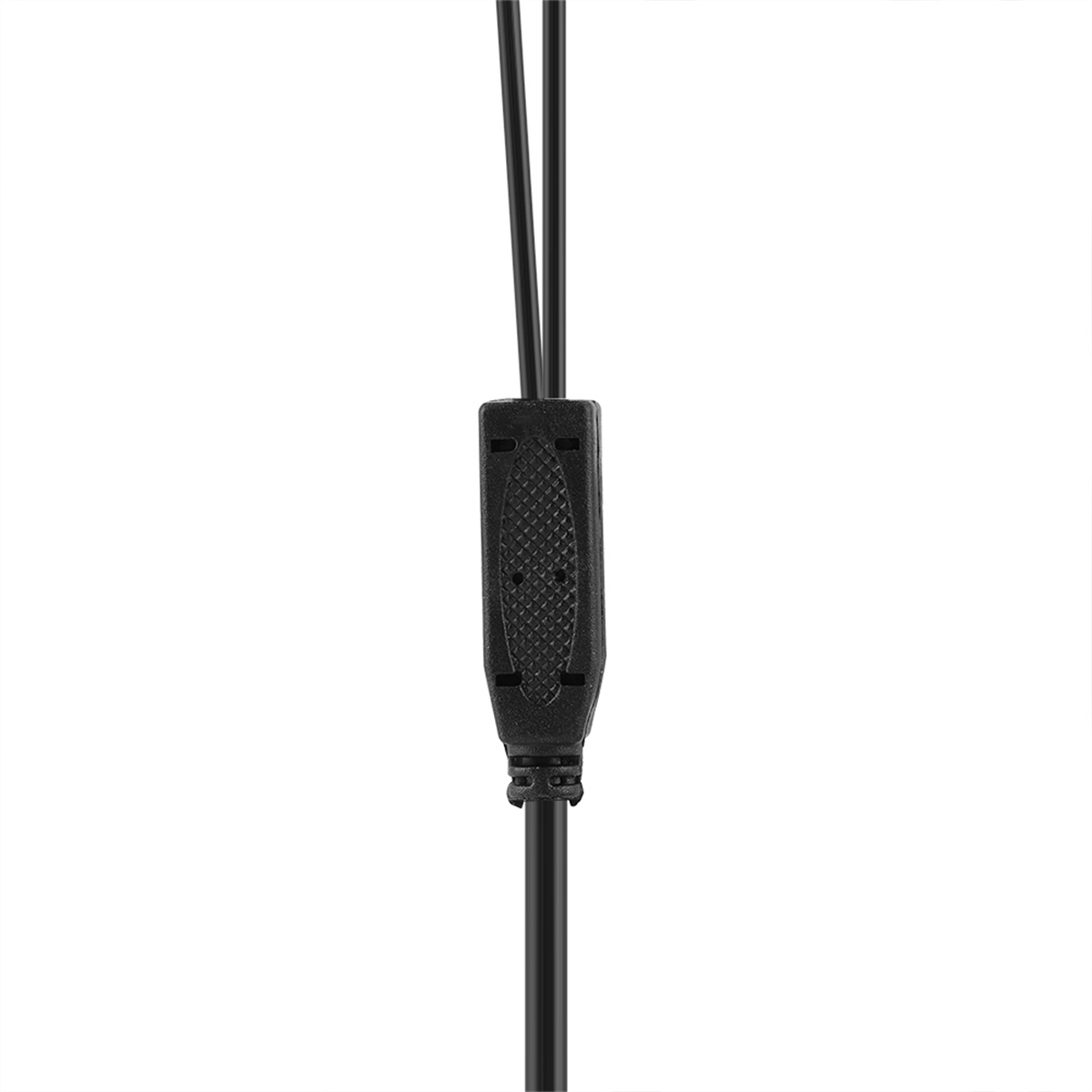 Schwarzes Kabel mit einem Verbinder in der Mitte, weißer Hintergrund.