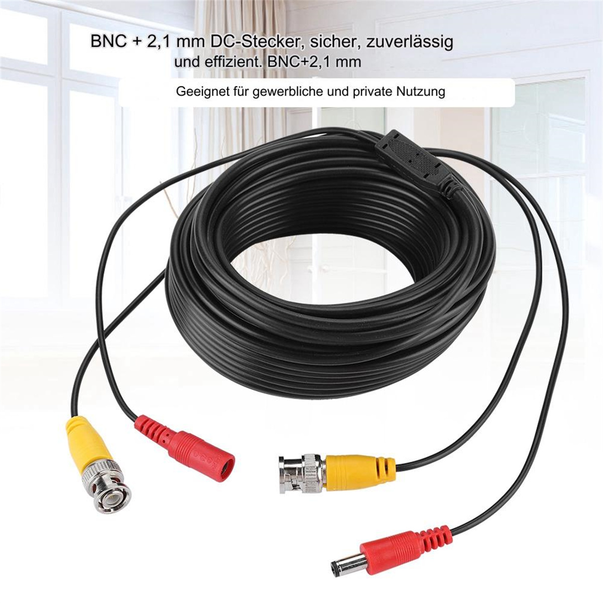 Schwarzes Koaxialkabel mit Anschlüssen: BNC und DC. Das Kabel ist aufgerollt und hat rot/gelbe Enden.