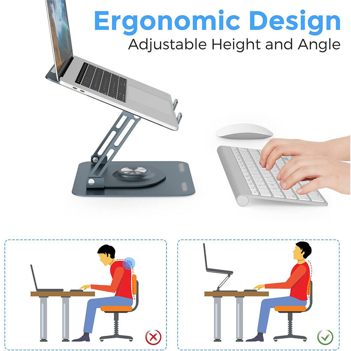 Laptop auf Ständer, Maus und Tastatur. Diagramme zeigen korrekte und falsche Haltung. Ergonomisches Design.