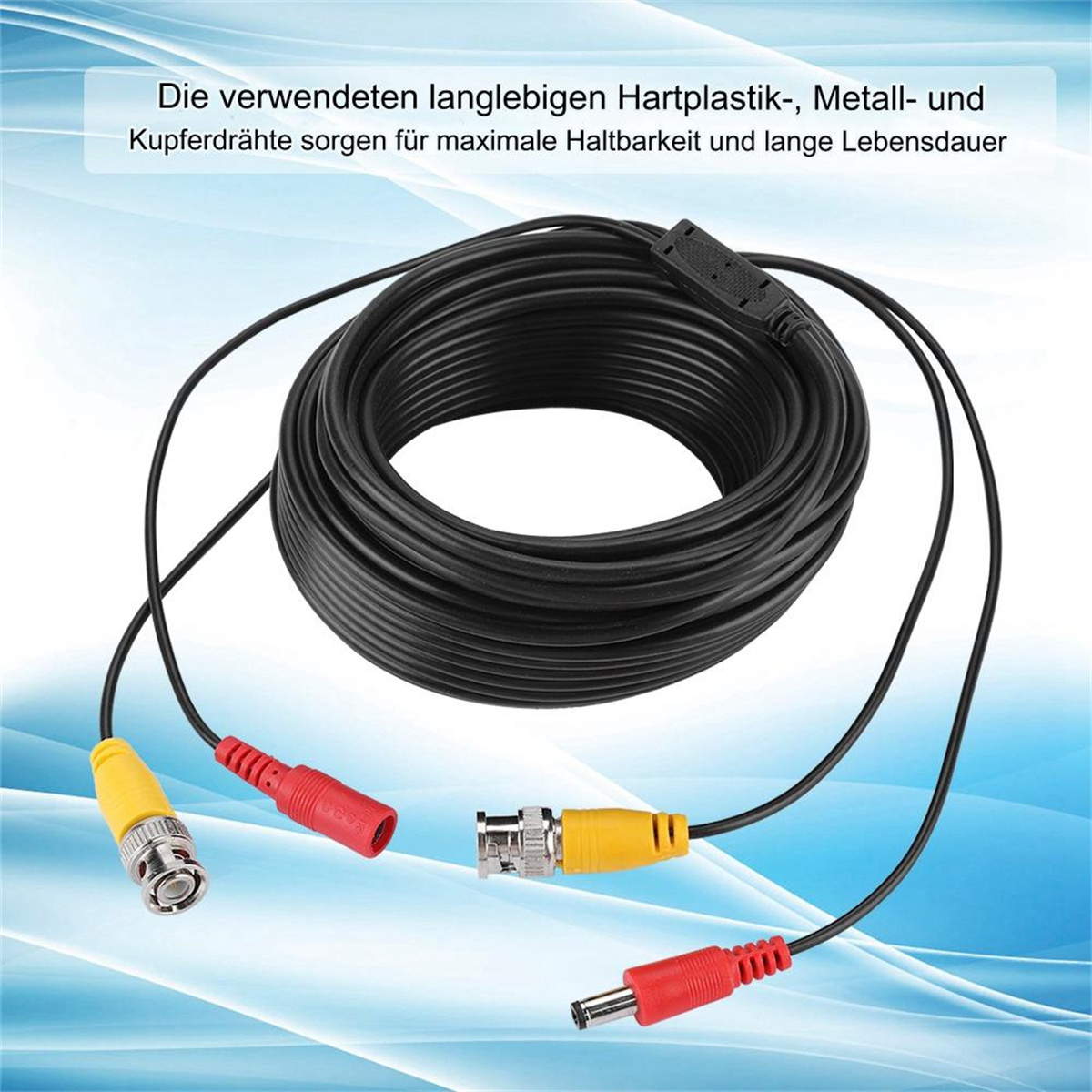 Ein schwarzes Kabel mit gelben und roten Steckern, das maximale Haltbarkeit und lange Lebensdauer veranschaulicht.