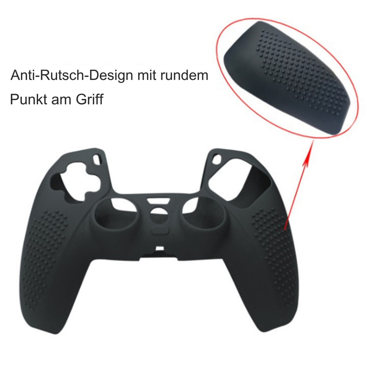 Ein schwarzes Gamepad mit schwarzem Gummi-Griff. Text: Anti-Rutsch-Design mit rundem Punkt am Griff.