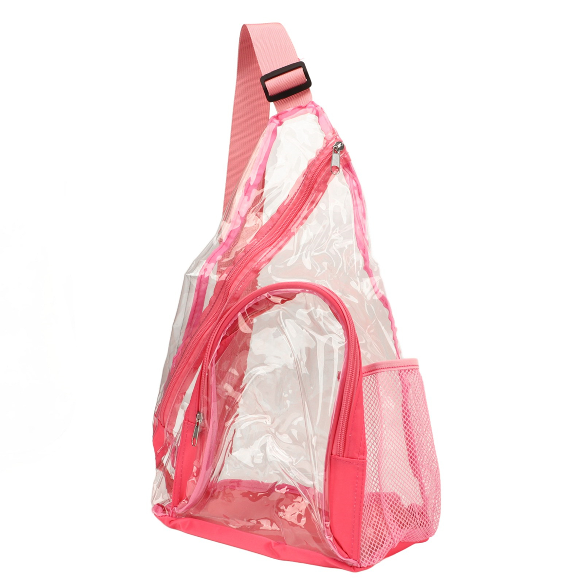 Eine durchsichtige rosa Sling-Tasche mit Reißverschluss. Die Tasche hat eine Netztasche an der Seite.
