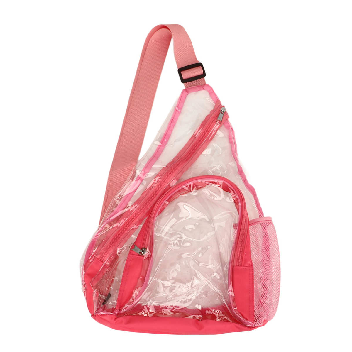 Rosa transparente Umhängetasche, mit rosa Riemen und Reißverschluss. Die Tasche ist leer.