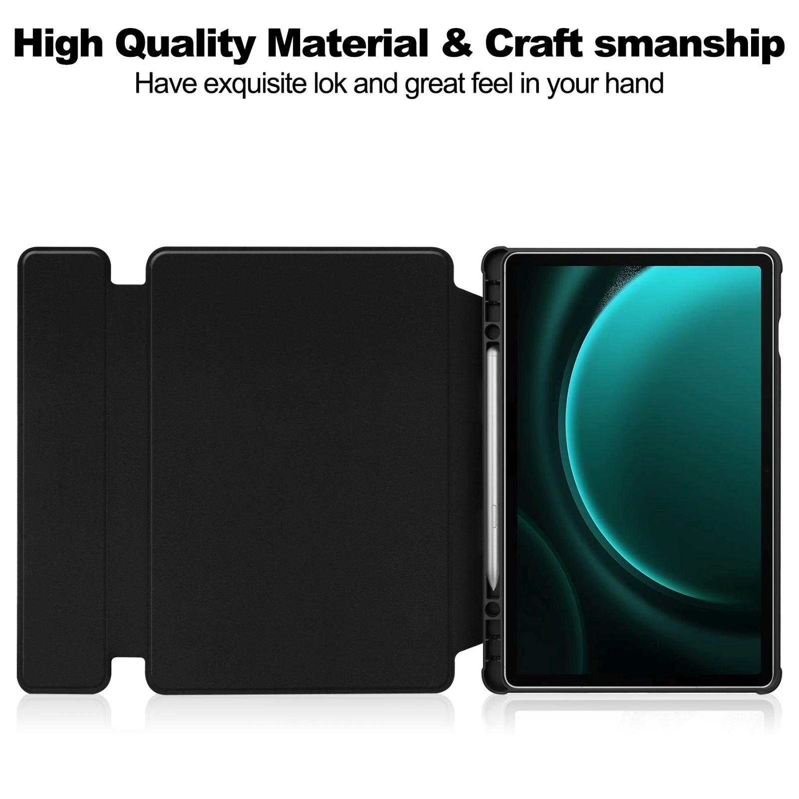 Schwarze Tablethülle, offen, um ein Tablet zu zeigen. Text lautet 'High Quality Material & Craftsmanship'.