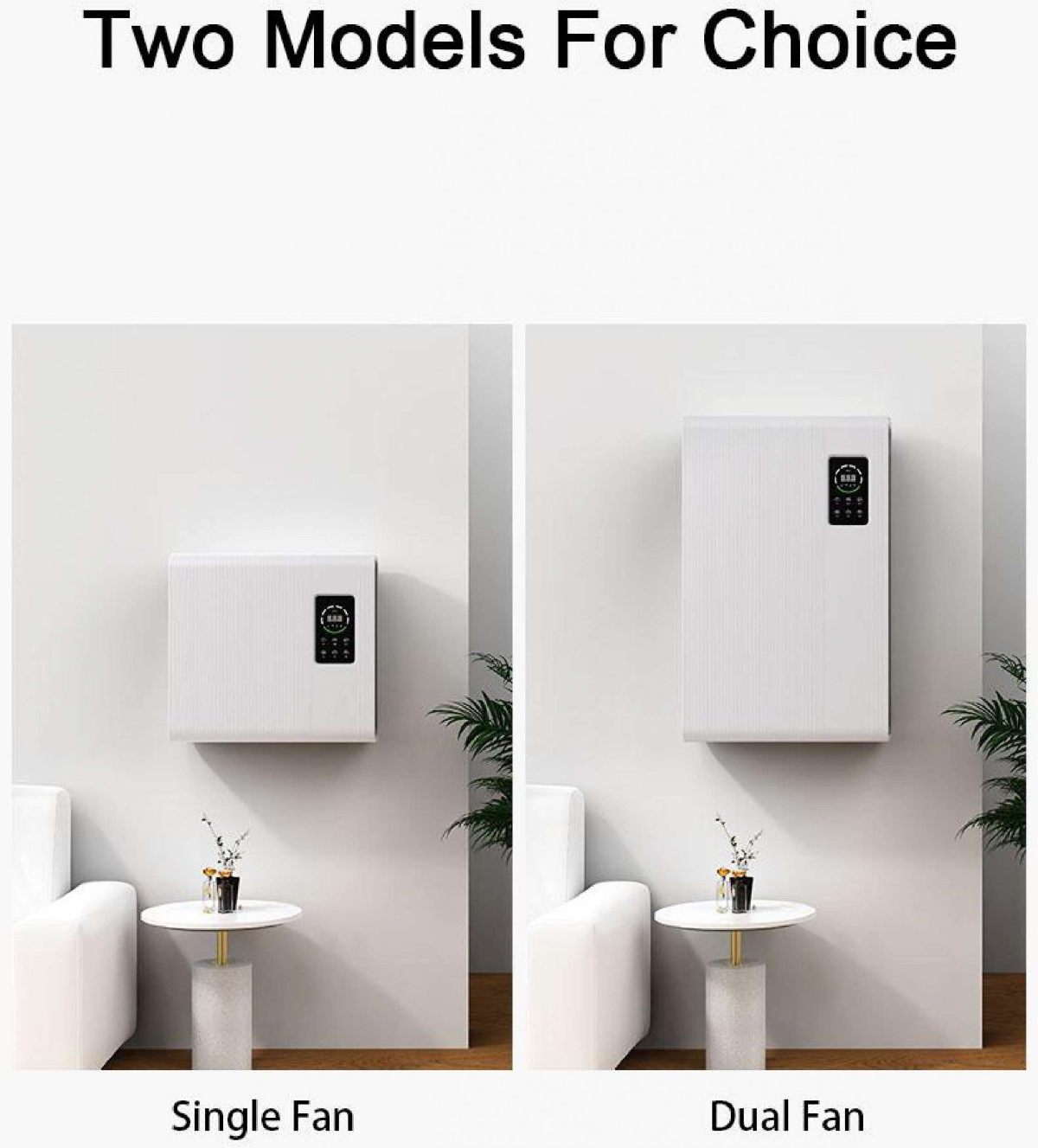 Zwei weiße Boxen an der Wand, beschriftet mit 'Single Fan' und 'Dual Fan'. Weiße Möbel und Pflanzen.