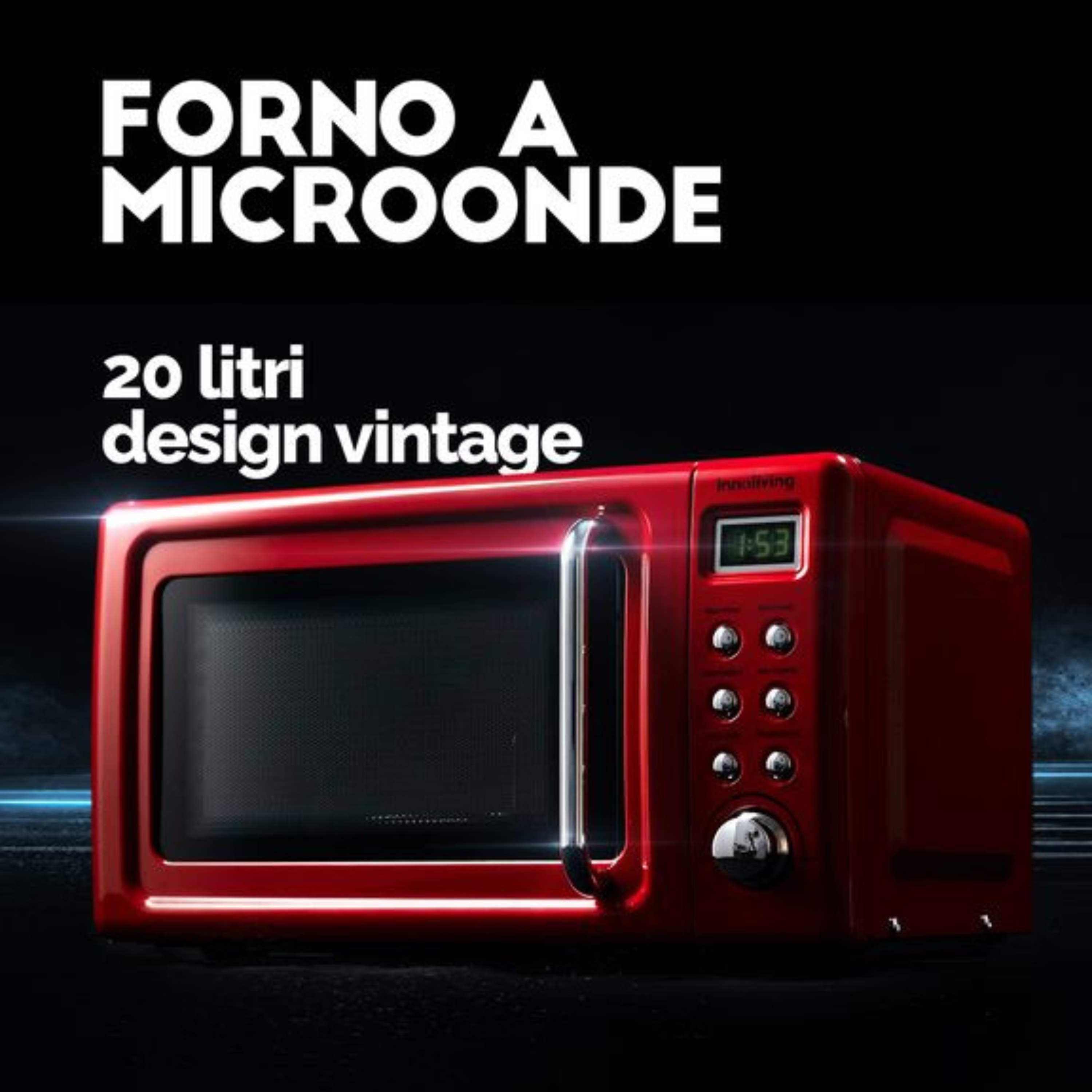 Microonde rosso con testo "FORNO A MICROONDE" e "20 litri design vintage". Sfondo nero.
