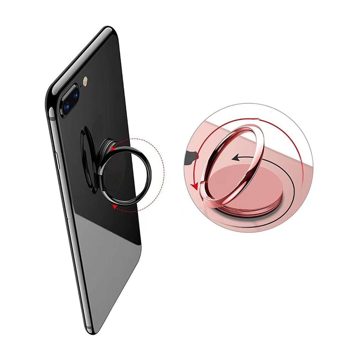 Ein schwarzes Smartphone mit einem roségoldenen Ringständer, der sich dreht, auf weißem Hintergrund.