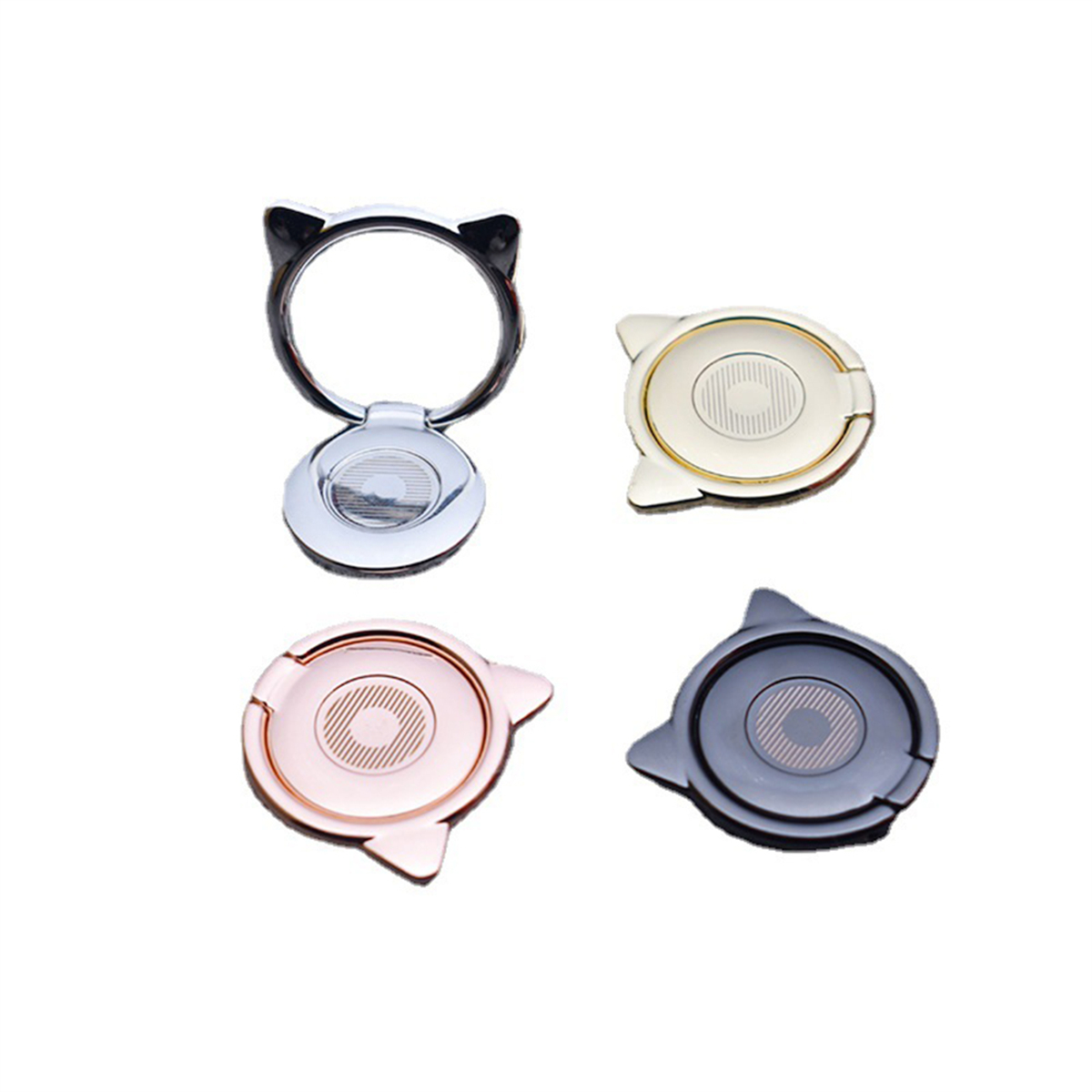 Ringförmige Telefonhalter in Silber, Gold, Roségold und Schwarz, jeweils mit Katzenohren.