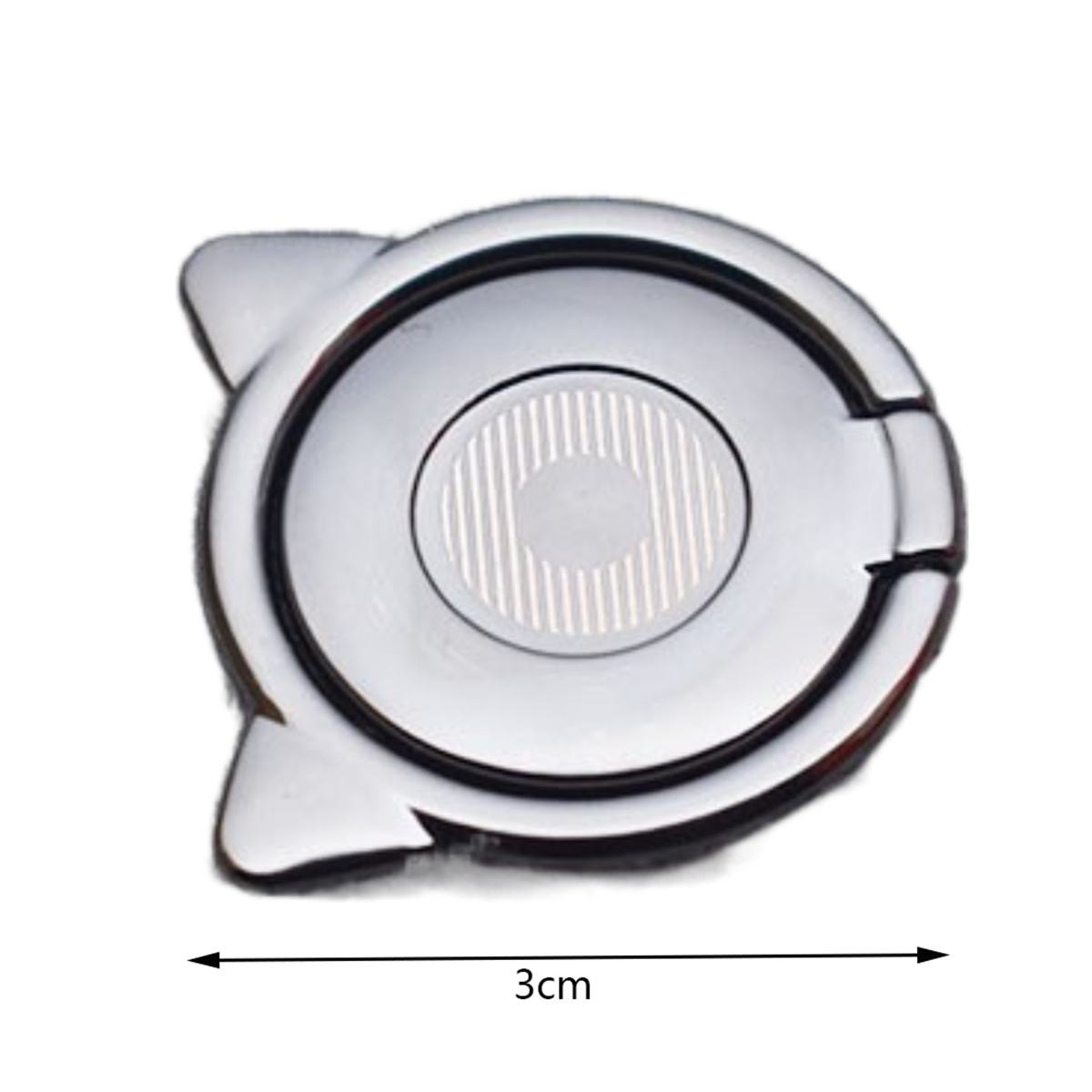 Silbernes Autoemblem, kreisförmig mit weißem Zentrum. 3 cm Pfeil. Weißer Hintergrund.