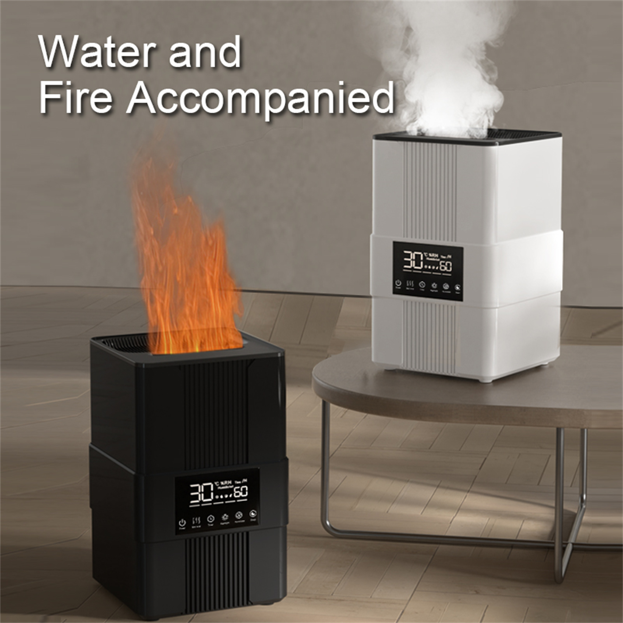 Zwei Geräte: eines mit Flammen, eines mit Nebel. Text: Wasser und Feuer begleitet.