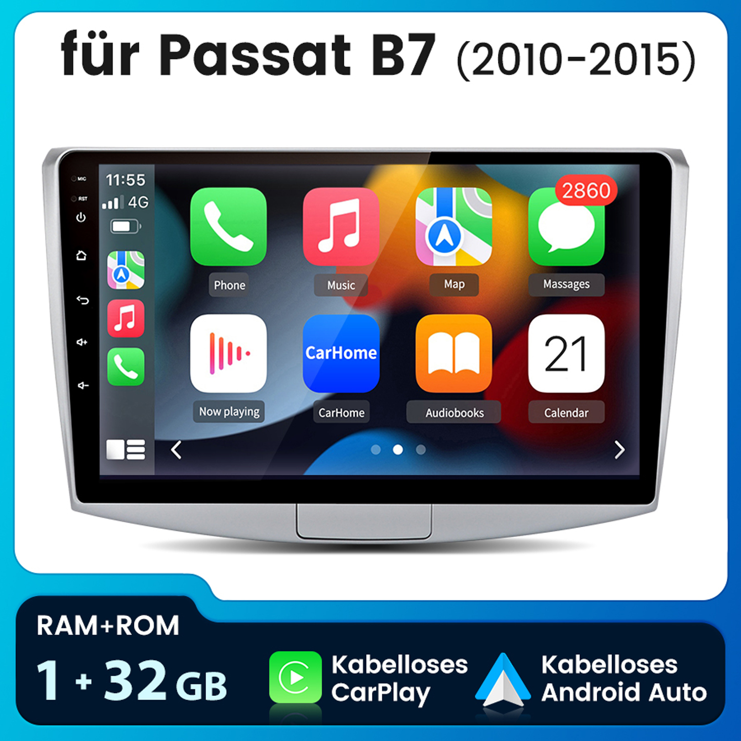 Auto-Multimedia-Bildschirm mit App-Symbolen. Der Bildschirm ist schwarz mit bunten Symbolen.