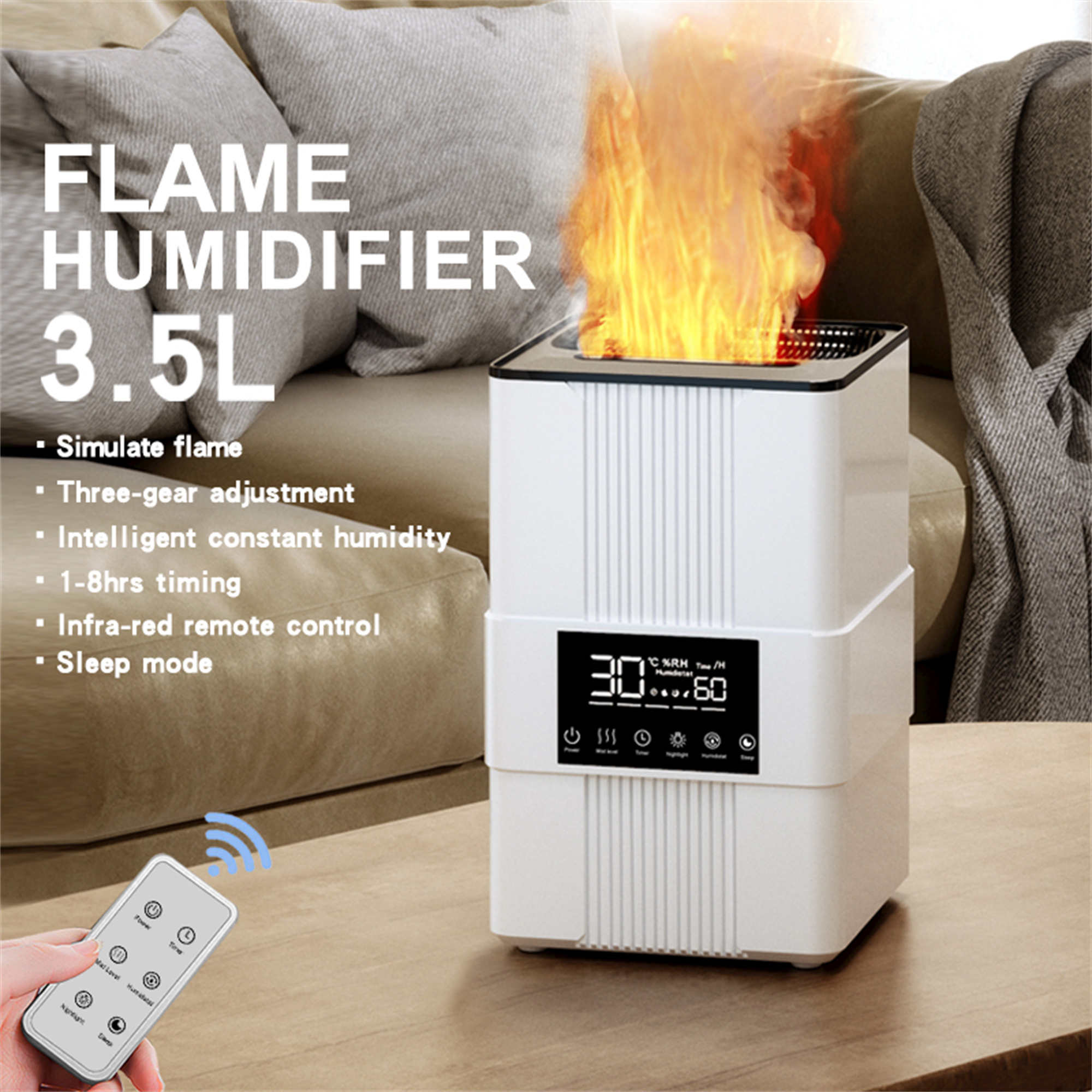 Weißer Flammen-Luftbefeuchter mit digitaler Anzeige, der eine Flamme simuliert, und Fernbedienung.