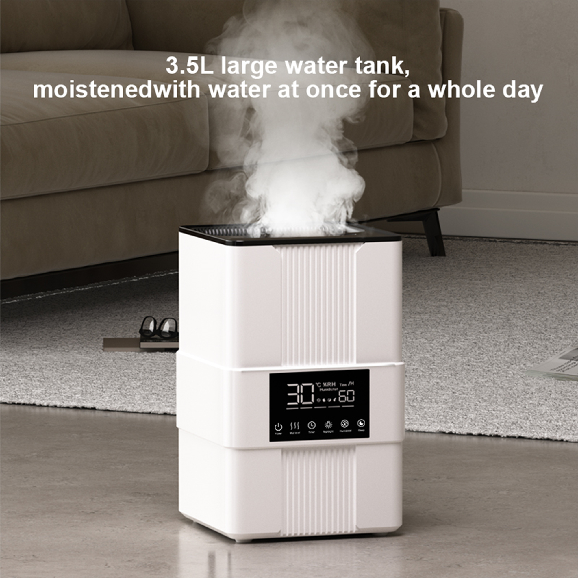 Weißer Luftbefeuchter mit Digitalanzeige. Text: 3,5L großer Wassertank, mit Wasser befeuchtet für einen ganzen Tag.