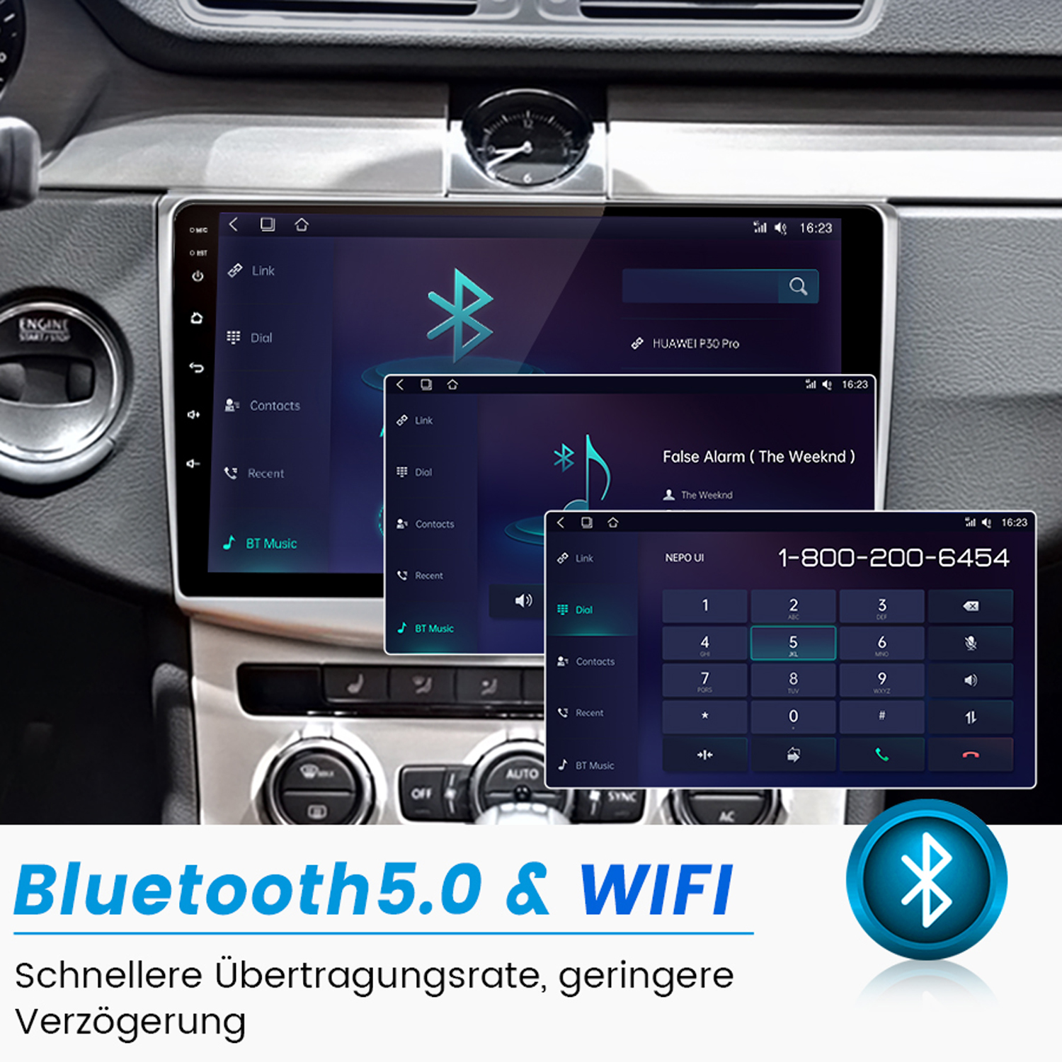 Auto-Infotainment-Bildschirm mit Bluetooth- und WLAN-Infos, Telefonwählprogramm und Musikoberfläche.