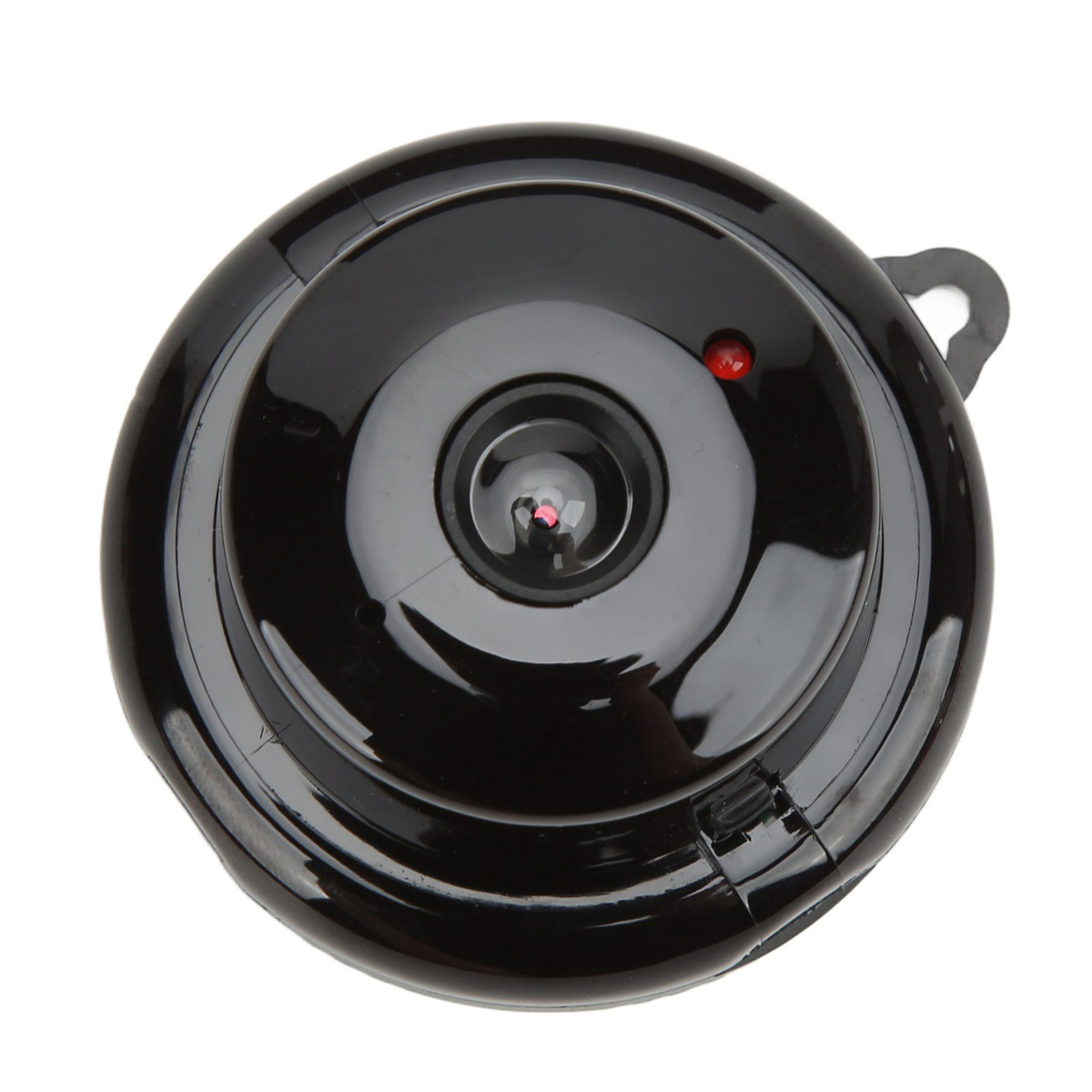 Eine kleine schwarze Überwachungskamera mit rotem Licht. Es hat ein kreisförmiges Design.