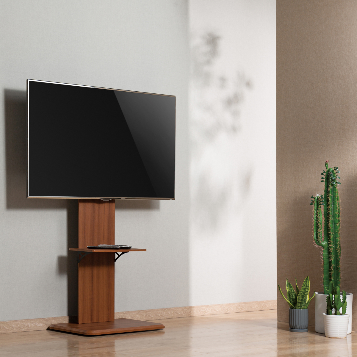 Ein großer Fernseher auf einem Holzständer. Ein Kaktus und eine Pflanze im Hintergrund, neben einer Wand.
