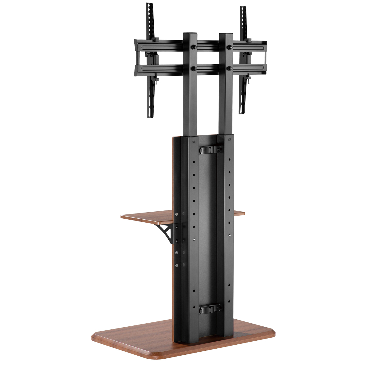 Ein TV-Ständer mit Holzfuß und Ablage, mit einem schwarzen Metallrahmen zur Aufnahme eines Fernsehers.