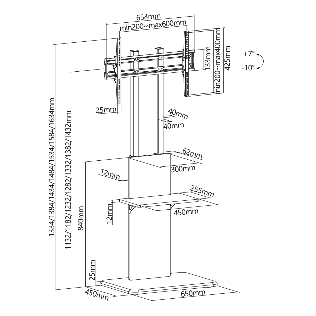 Diagramm eines TV-Ständers mit Abmessungen und Beschriftungen.