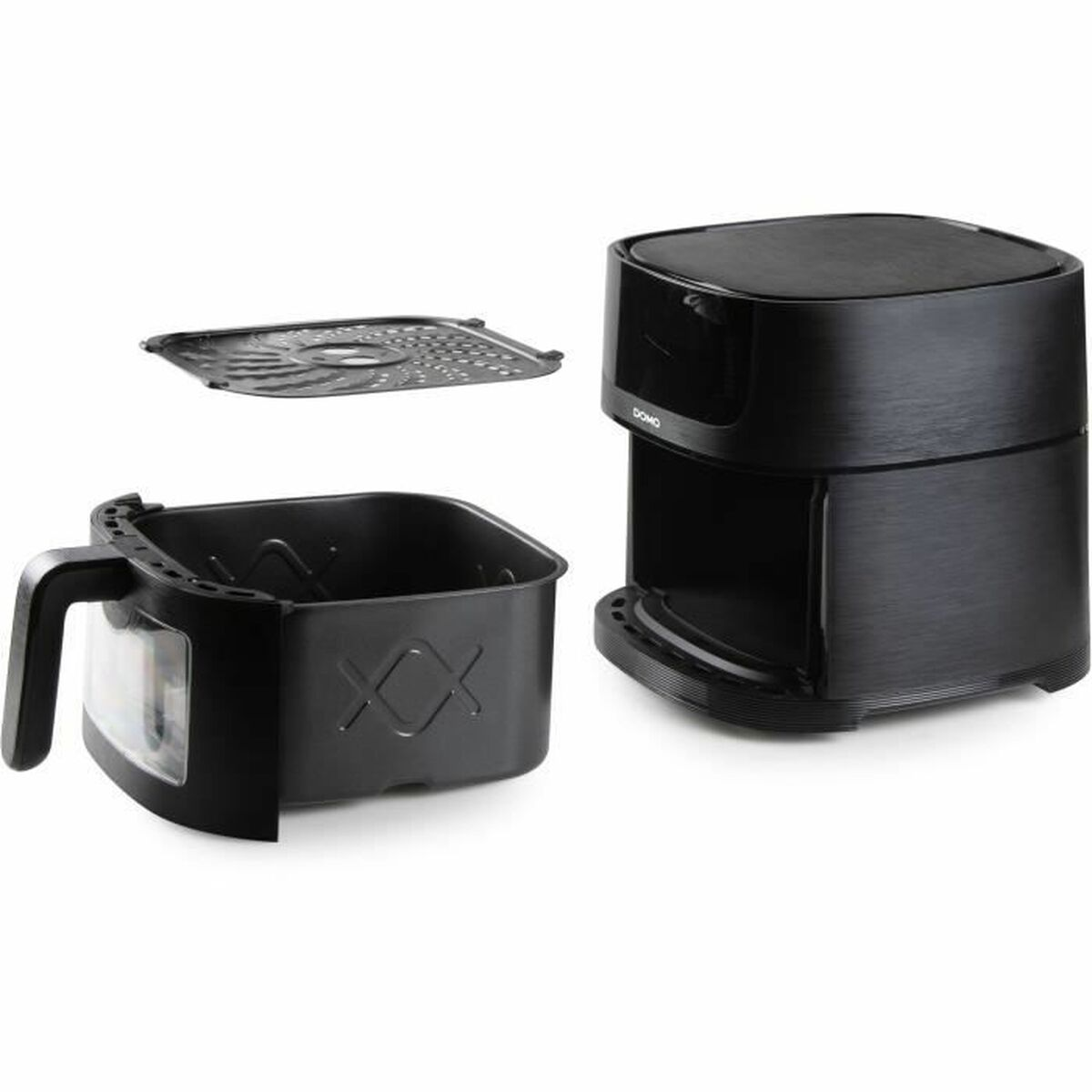 Czarna frytkownica powietrzna z akcesoriami, białe tło.