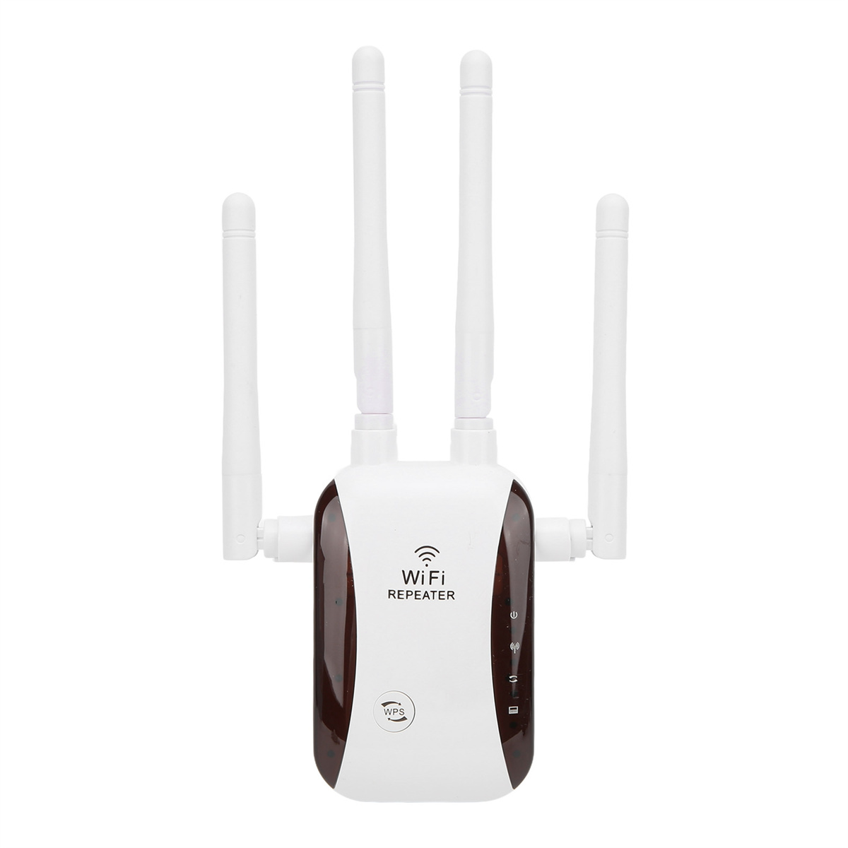 Weißer WLAN-Repeater mit vier Antennen. Braune Mittelplatte und eine Betriebsanzeige. Weißer Hintergrund.