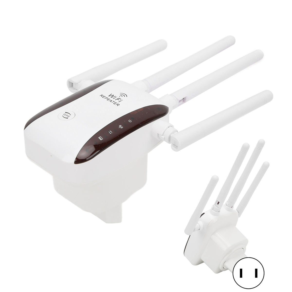 Weißer WLAN-Repeater mit drei Antennen und einer kleineren Version, die eingesteckt ist.