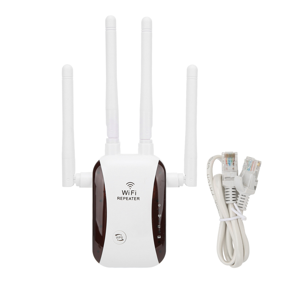 Ein weißer WLAN-Repeater mit 3 Antennen. Er hat einen braunen Streifen und Ethernet-Kabel angeschlossen. Der WPS-Knopf ist sichtbar.