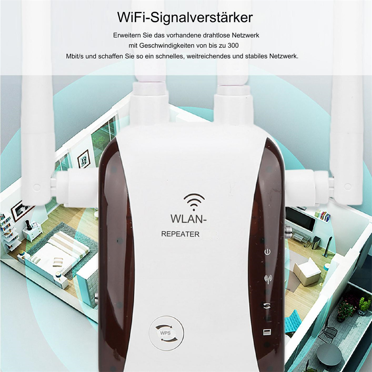 WLAN-Signalverstärker mit zwei Antennen. Zeigt einen Raum mit Möbeln und Fenster.