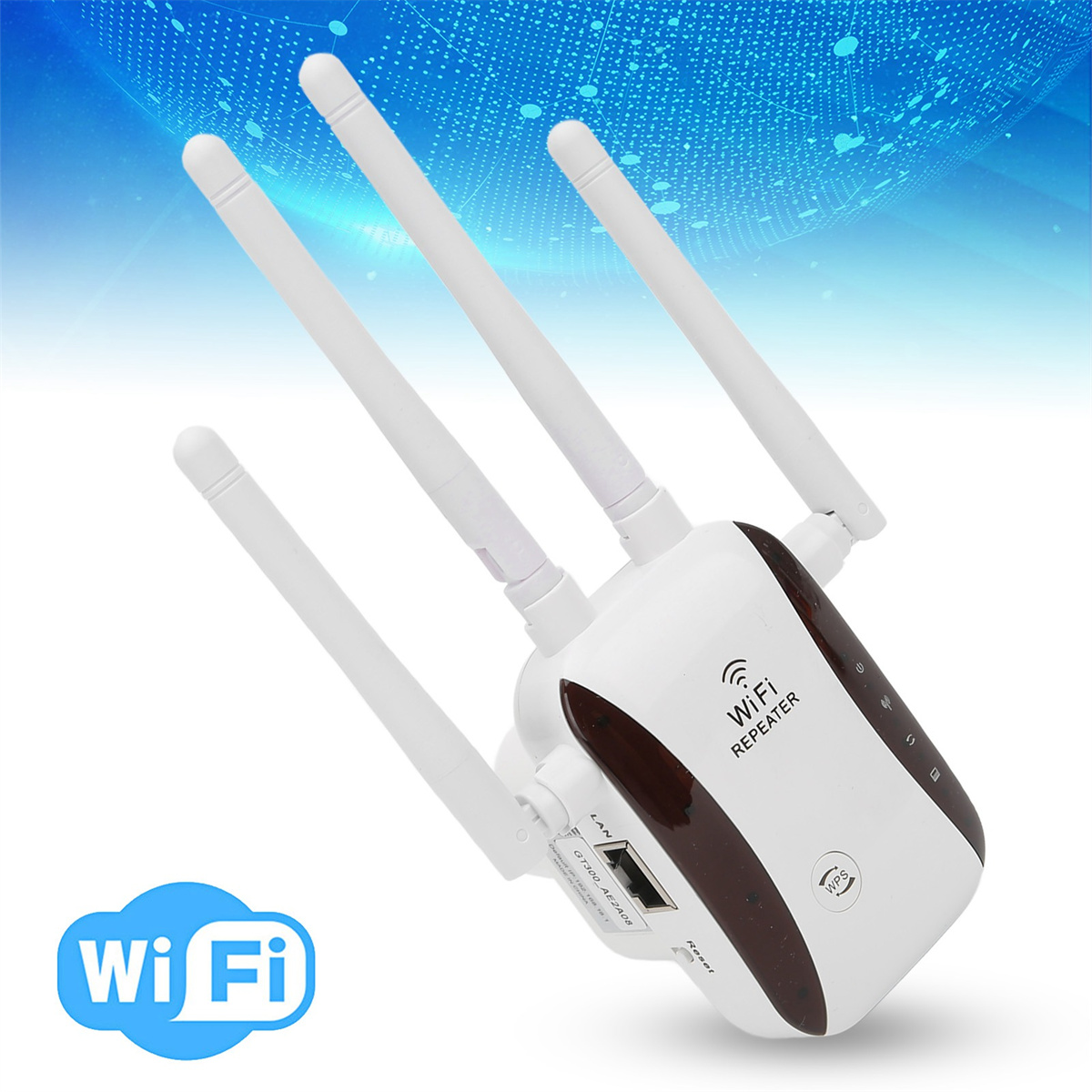 Ein weißer Wi-Fi-Repeater mit Antennen, zeigt Wi-Fi-Symbol, mit blauem, abstrakten Hintergrund.