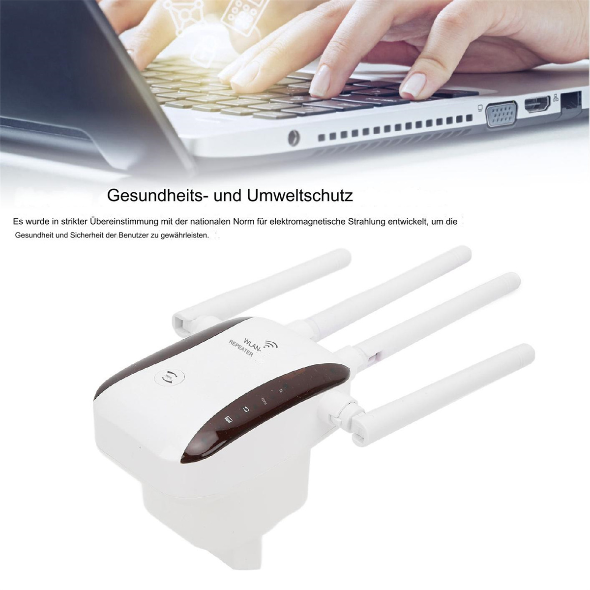 Ein weißer WLAN-Repeater mit Antennen, mit Laptop und Händen im Hintergrund.