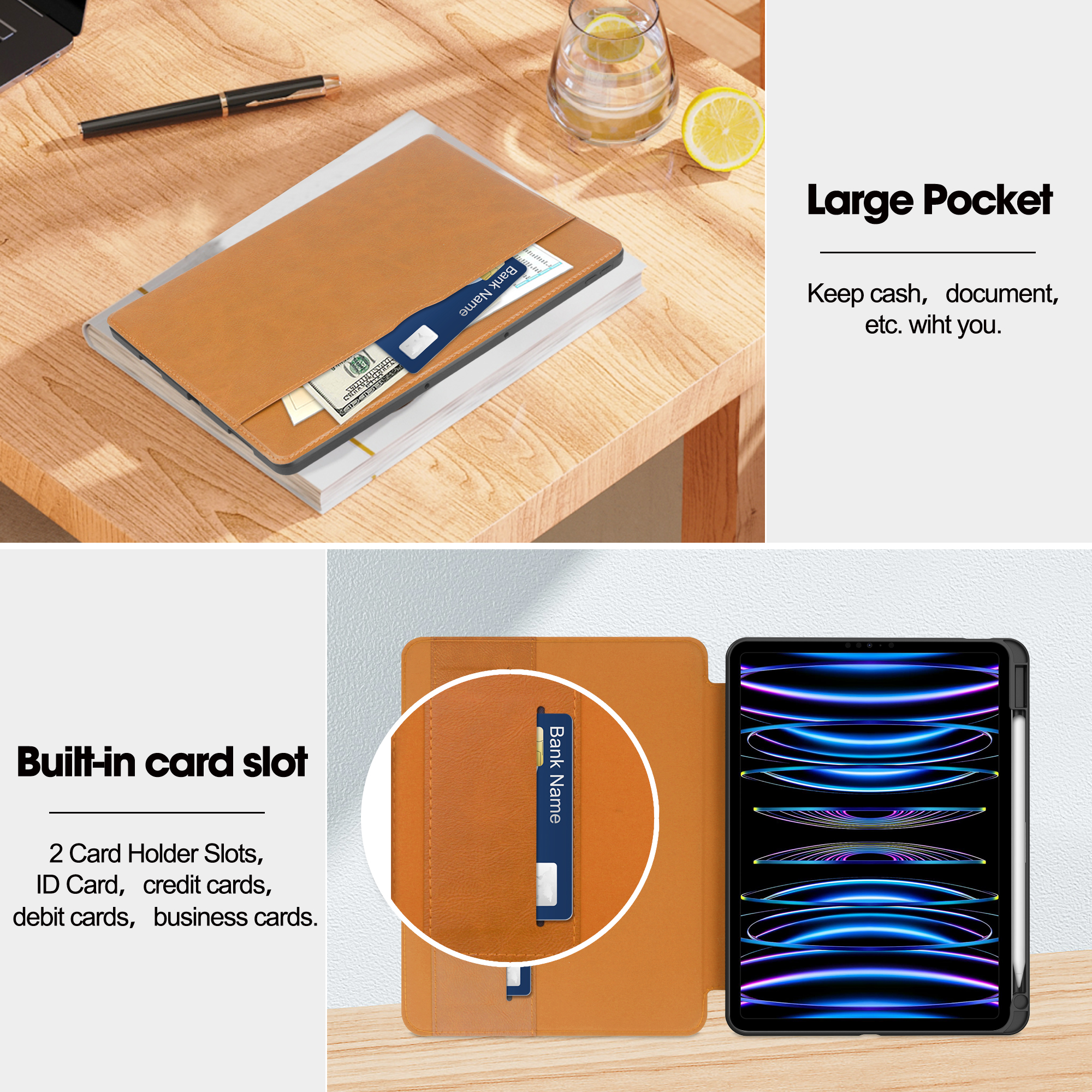 Eine braune Tablettasche mit integriertem Kartenhalter. Zeigt Bargeld und Karten.