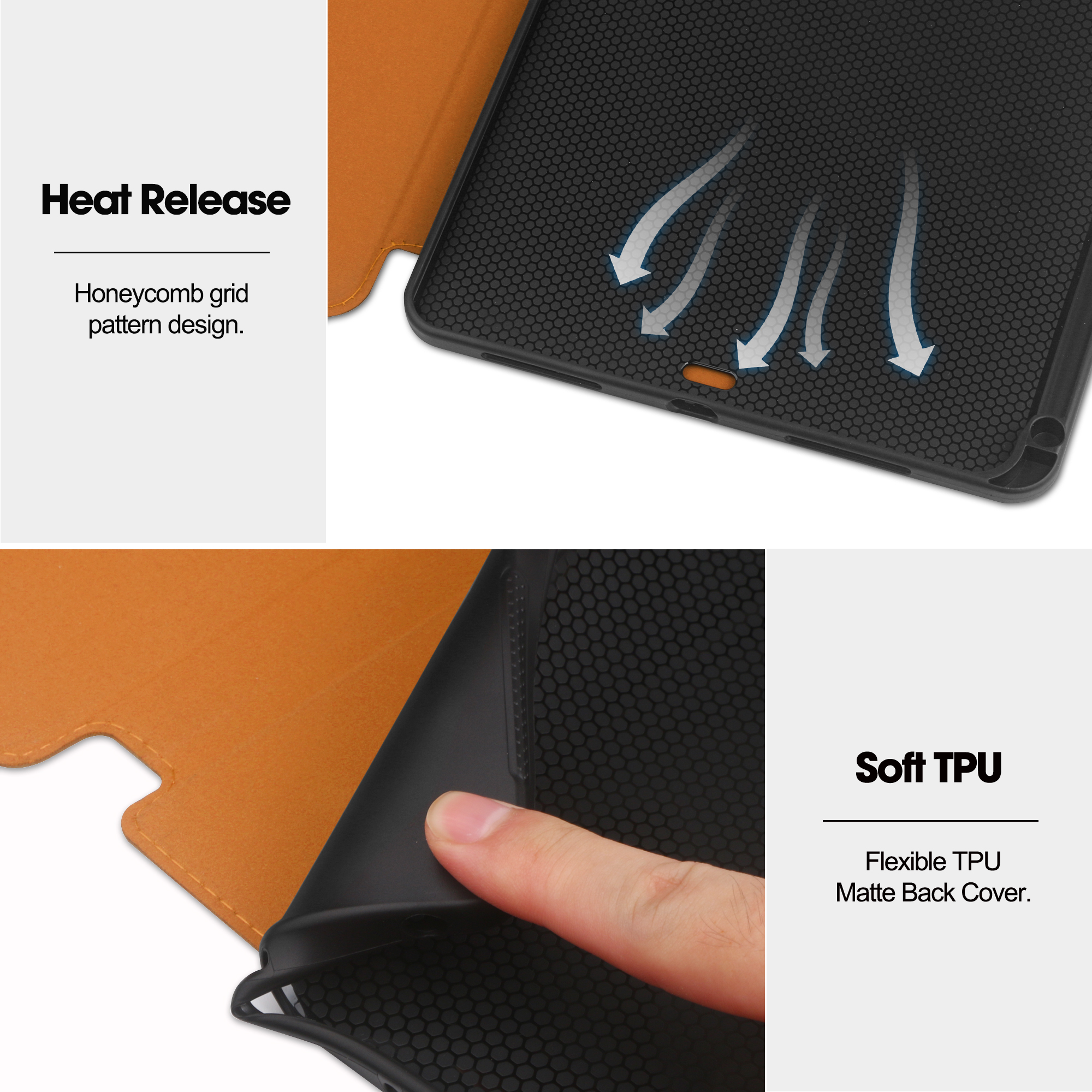Nahaufnahme einer Tablet-Hülle mit Heat-Release-Design und Details der weichen TPU-Rückabdeckung.