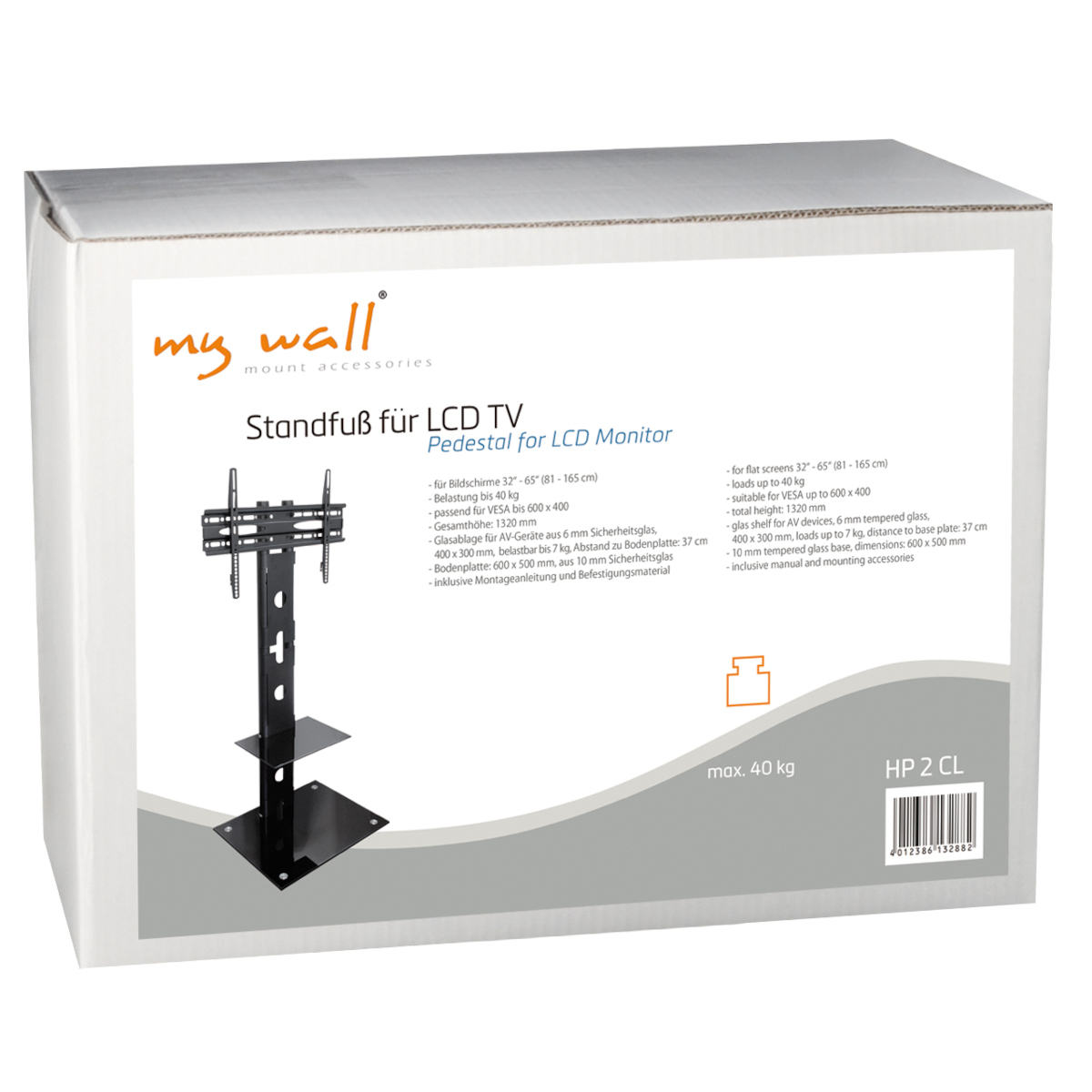 Box mit Text für LCD-TV, ein schwarzer TV-Ständer mit schwarzer Basis ist sichtbar.