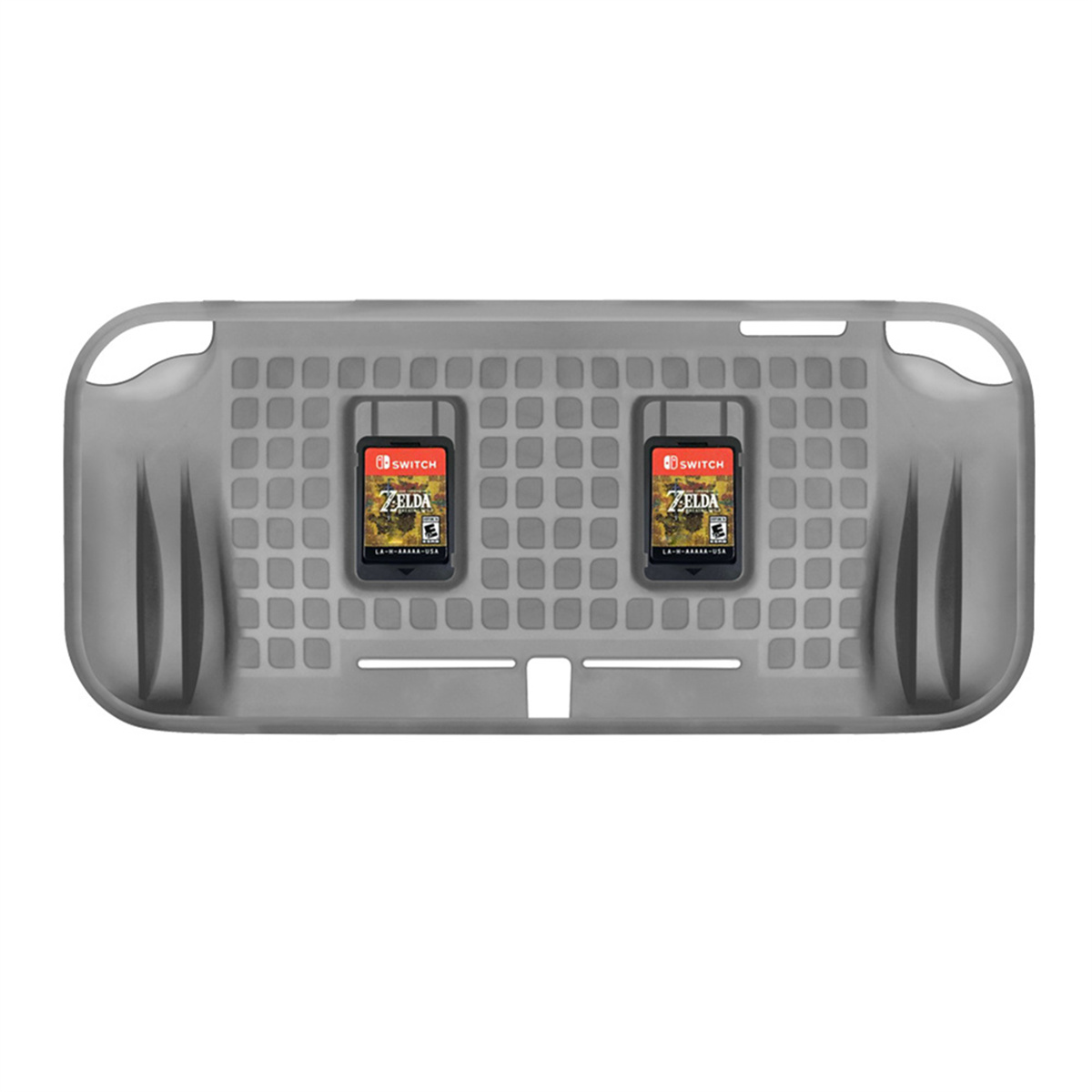 Grauer Switch-Spielkassettenhalter mit zwei Zelda-Spielkassetten.