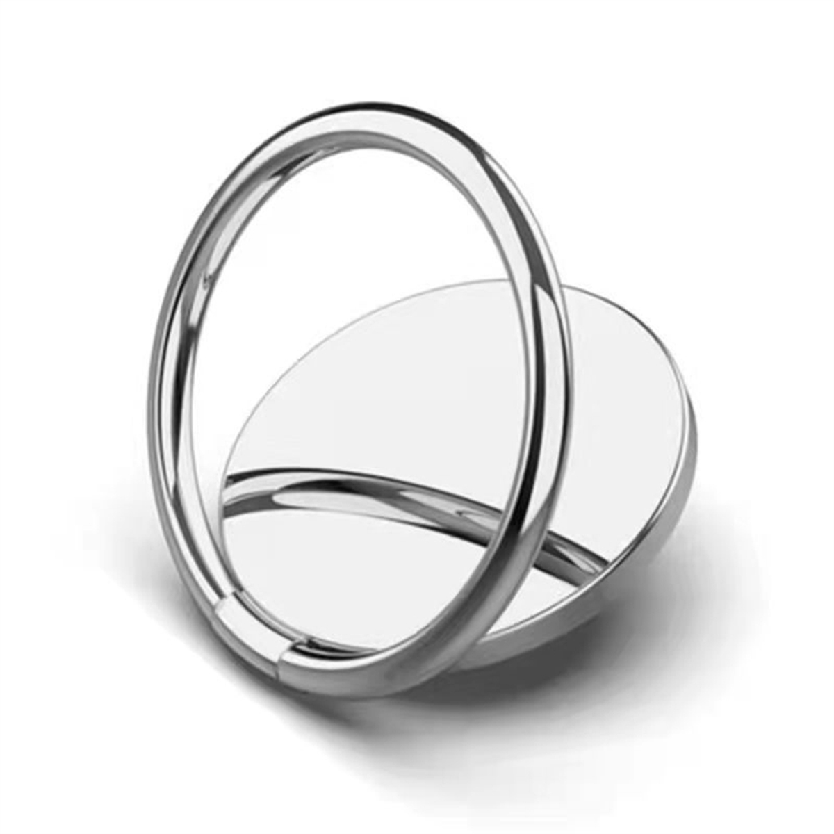 Silberner Telefonringhalter. Kreisförmiger Ring auf kreisförmiger, flacher Basis. Weißer Hintergrund.