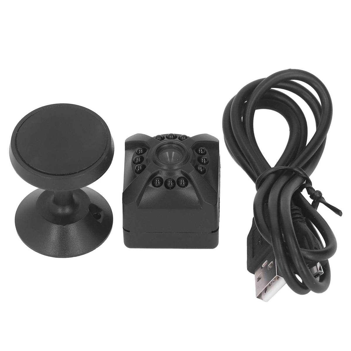 Schwarze Kamera mit magnetischem Ständer und schwarzem USB-Kabel. Alles auf weißem Hintergrund.
