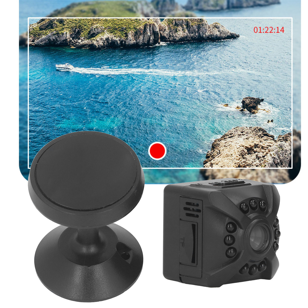 Kleine schwarze Kamera auf Halterung, Aufnahme einer malerischen Wasser- und Felslandschaft.