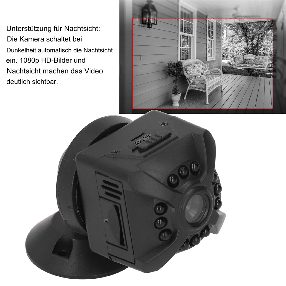 Eine schwarze Überwachungskamera mit einer Verandaszene im Hintergrund.