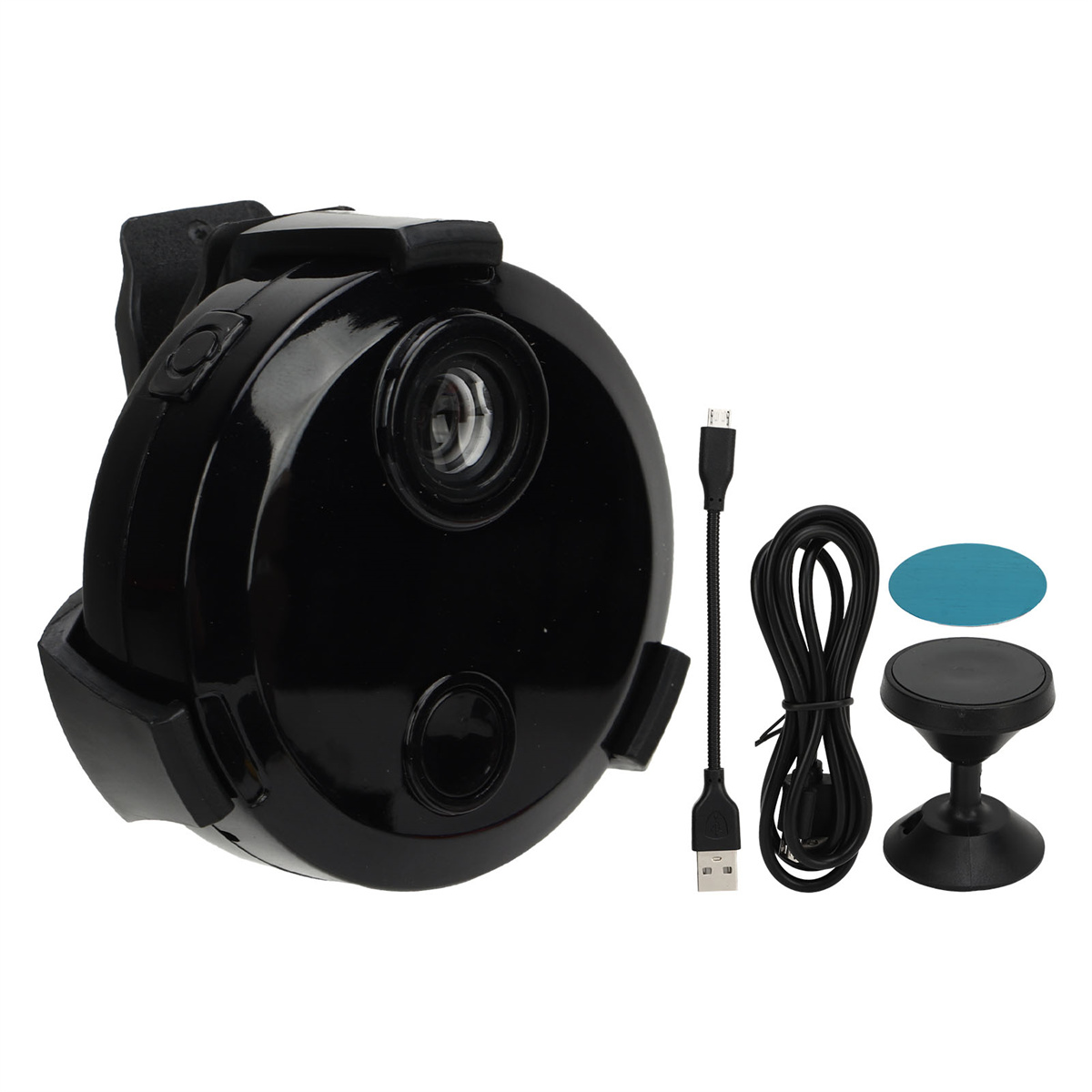 Schwarze Dashcam mit diversem Zubehör. Enthält ein USB-Kabel, eine Halterung und ein Klebepad.
