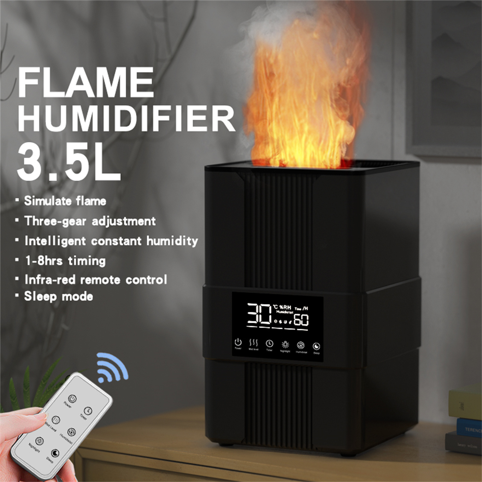 Schwarzer Flammen-Luftbefeuchter mit Fernbedienung und Bedienfeld. Die Flamme ist simuliert.