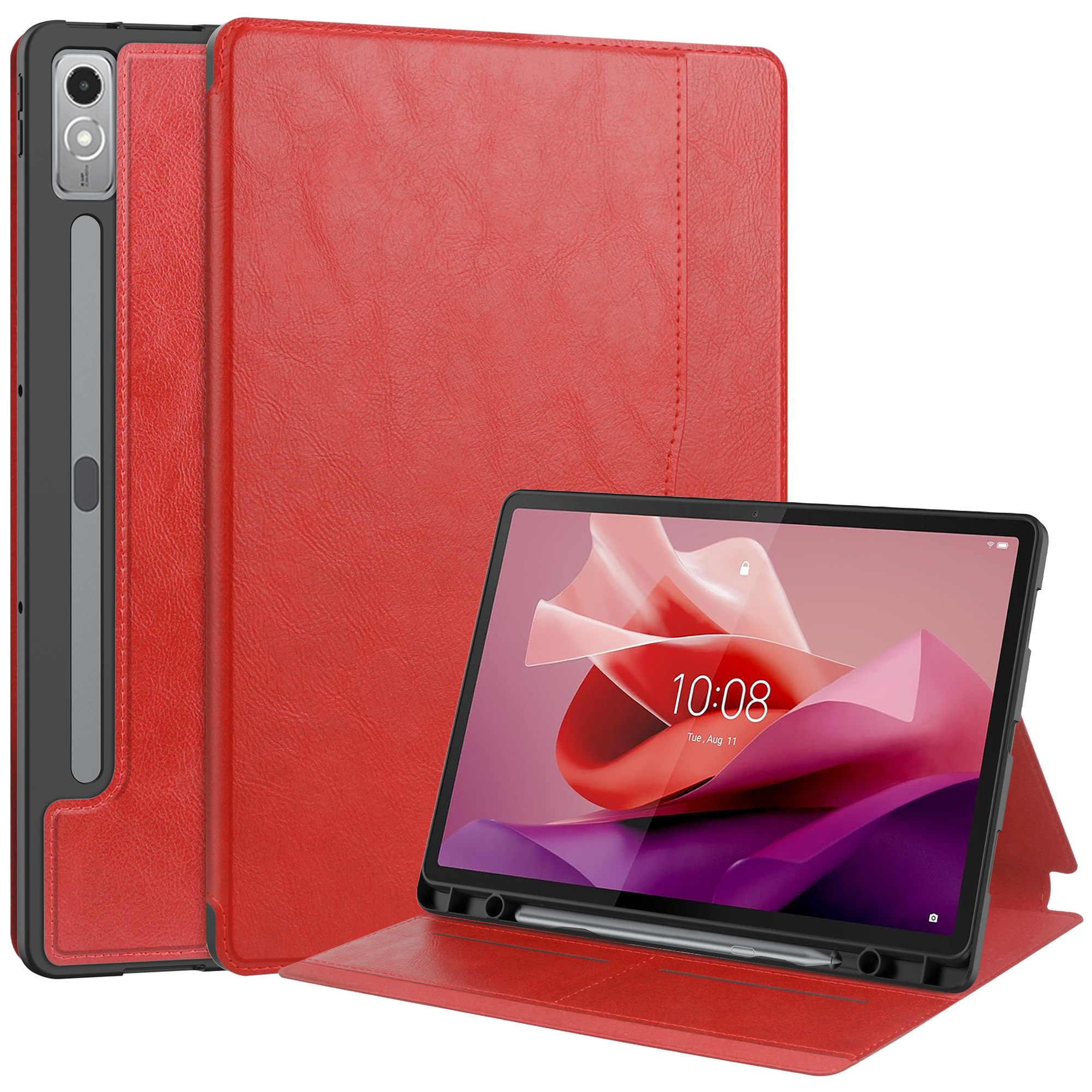 Rote Tablet-Hülle mit Tablet und Stift auf weißem Hintergrund.