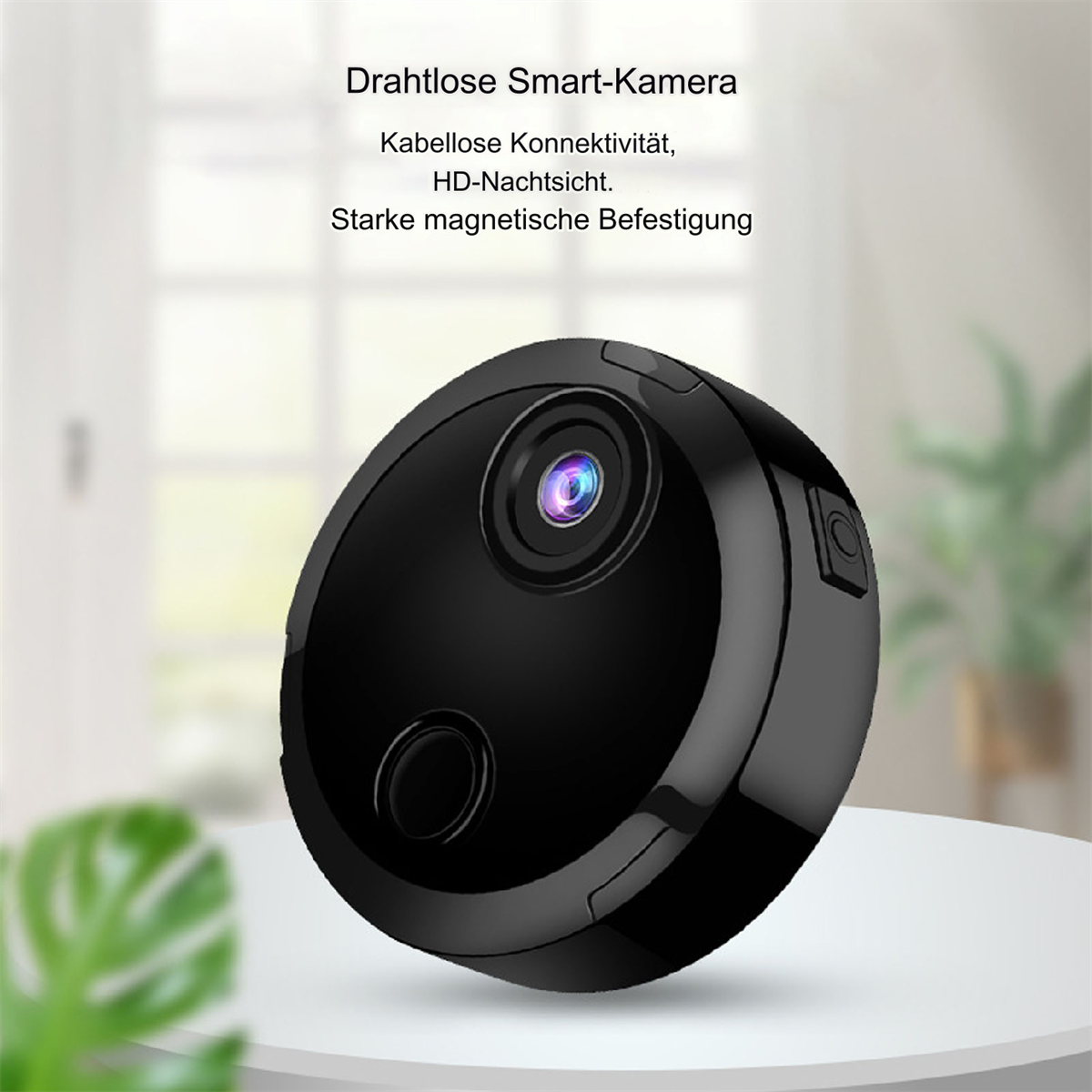 Eine schwarze, drahtlose Smart-Kamera auf einer weißen Oberfläche. Text auf Deutsch beschreibt die Kamera.