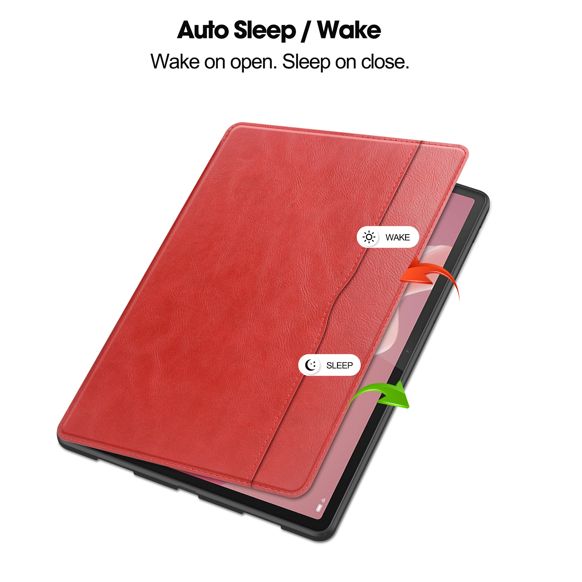 Rote Tablet-Hülle mit Auto-Sleep/Wake-Funktion. Text und grüne/rote Pfeile sind sichtbar.