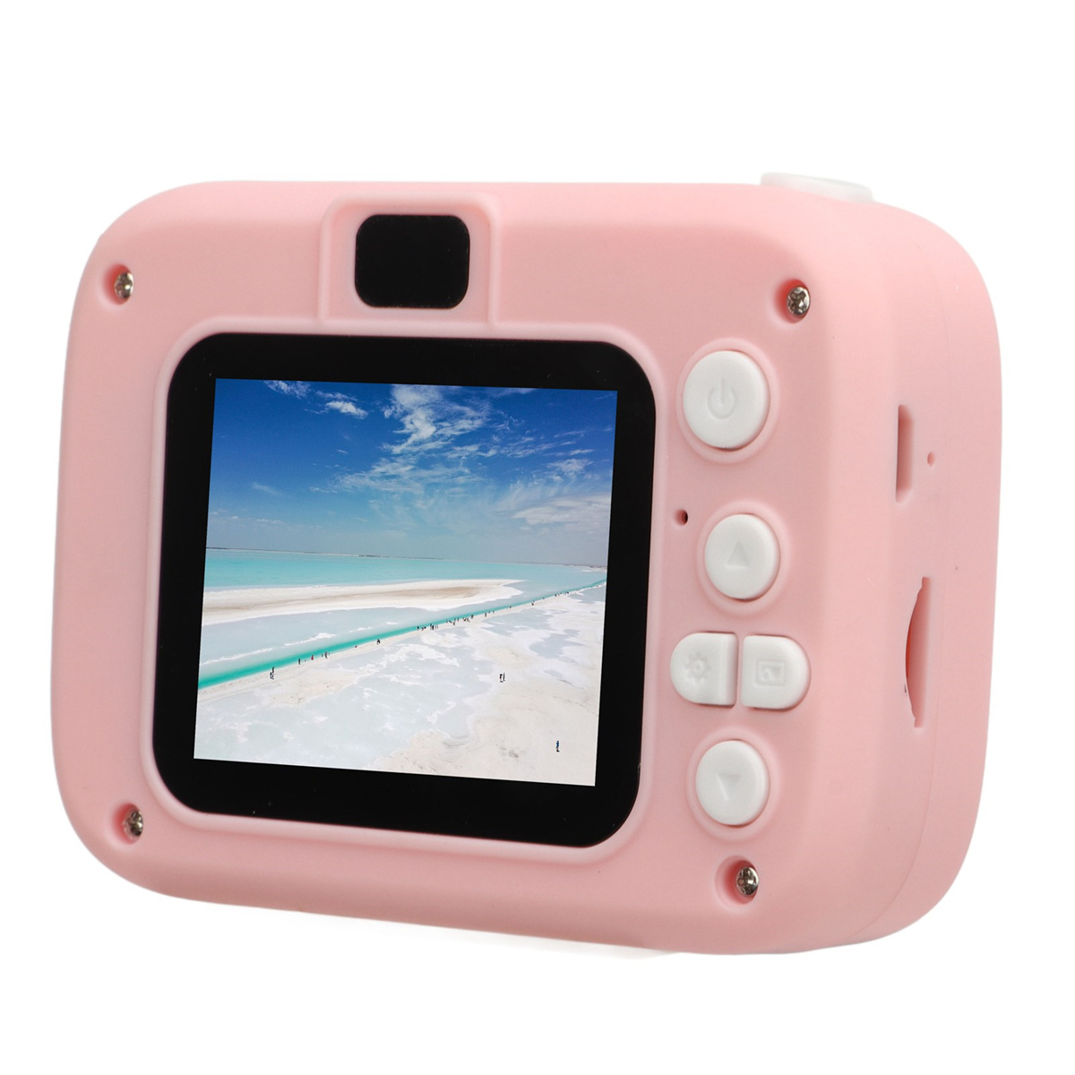 Eine rosa Digitalkamera mit einem Bildschirm, der eine Küstenlandschaft zeigt. Die Kamera hat Knöpfe und einen Ein-/Ausschalter oben.