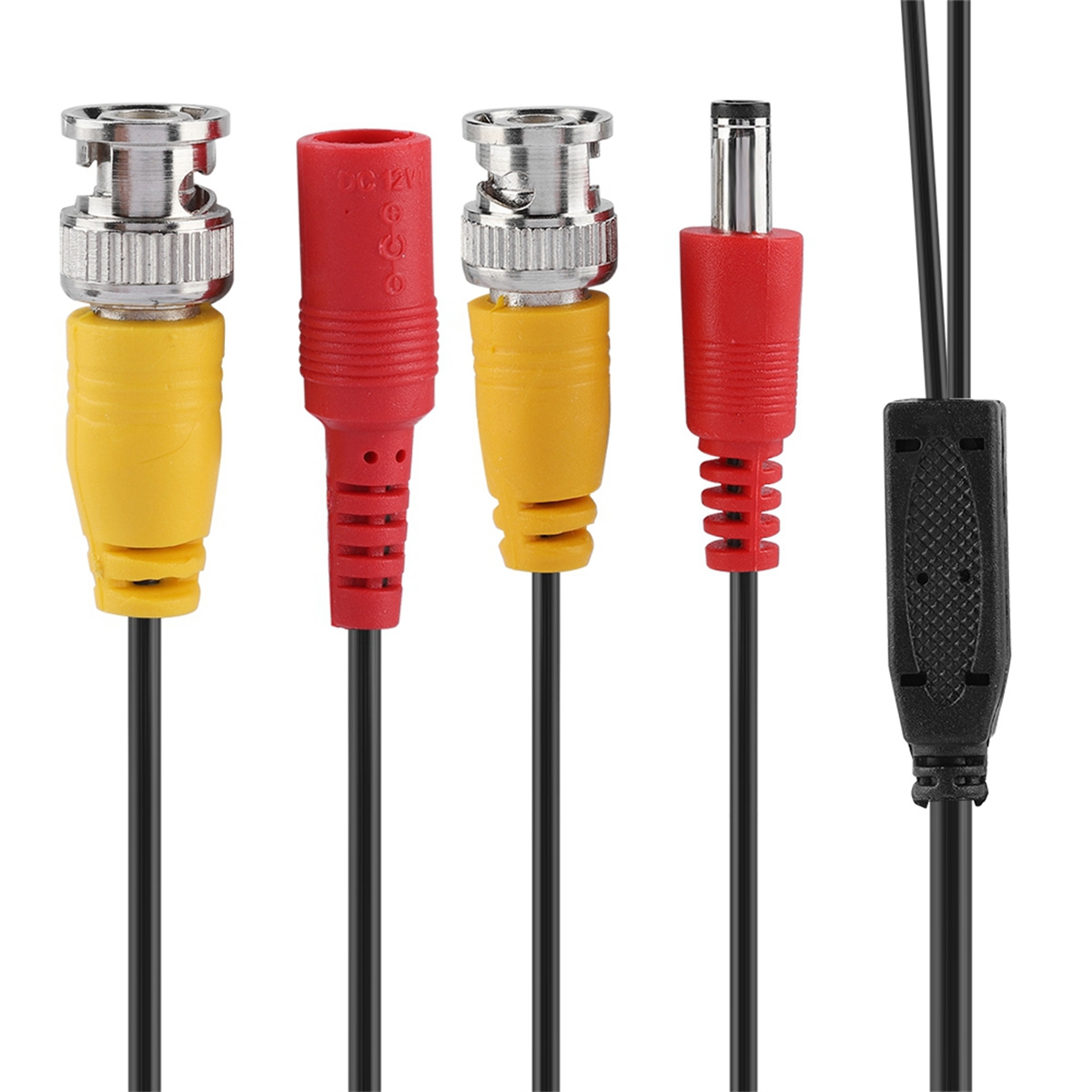 Vier Kabel mit Steckern: gelb, rot und schwarz. Sie werden für Überwachungskameras verwendet.