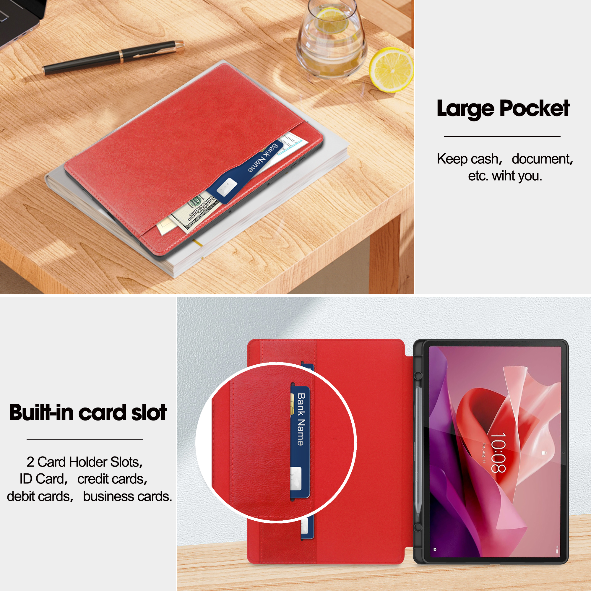 Rotes Lederportemonnaie mit Bargeld und Kartenfach. Tablet rechts.