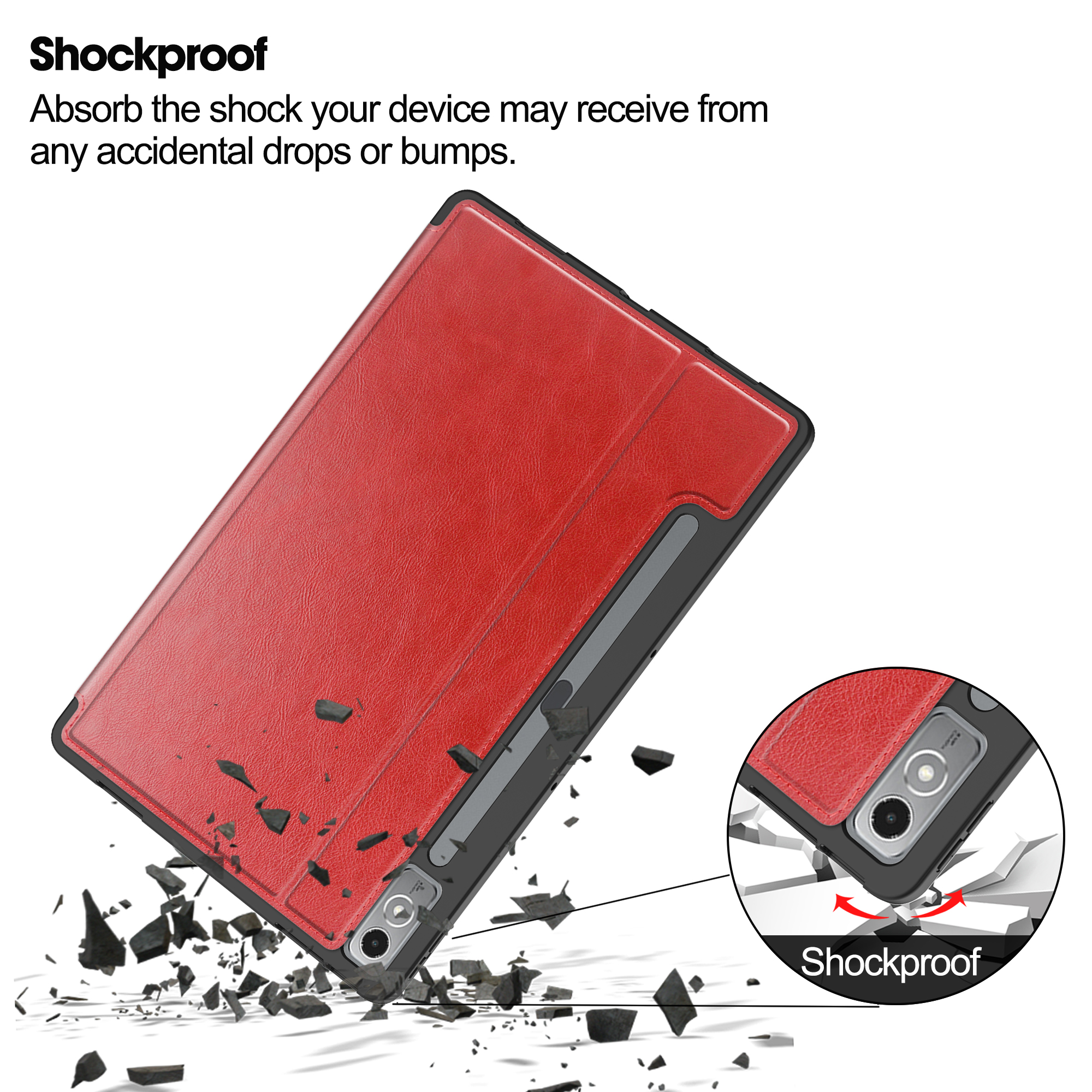 Rote Tablethülle mit stoßfestem Design und Bruchstücken.